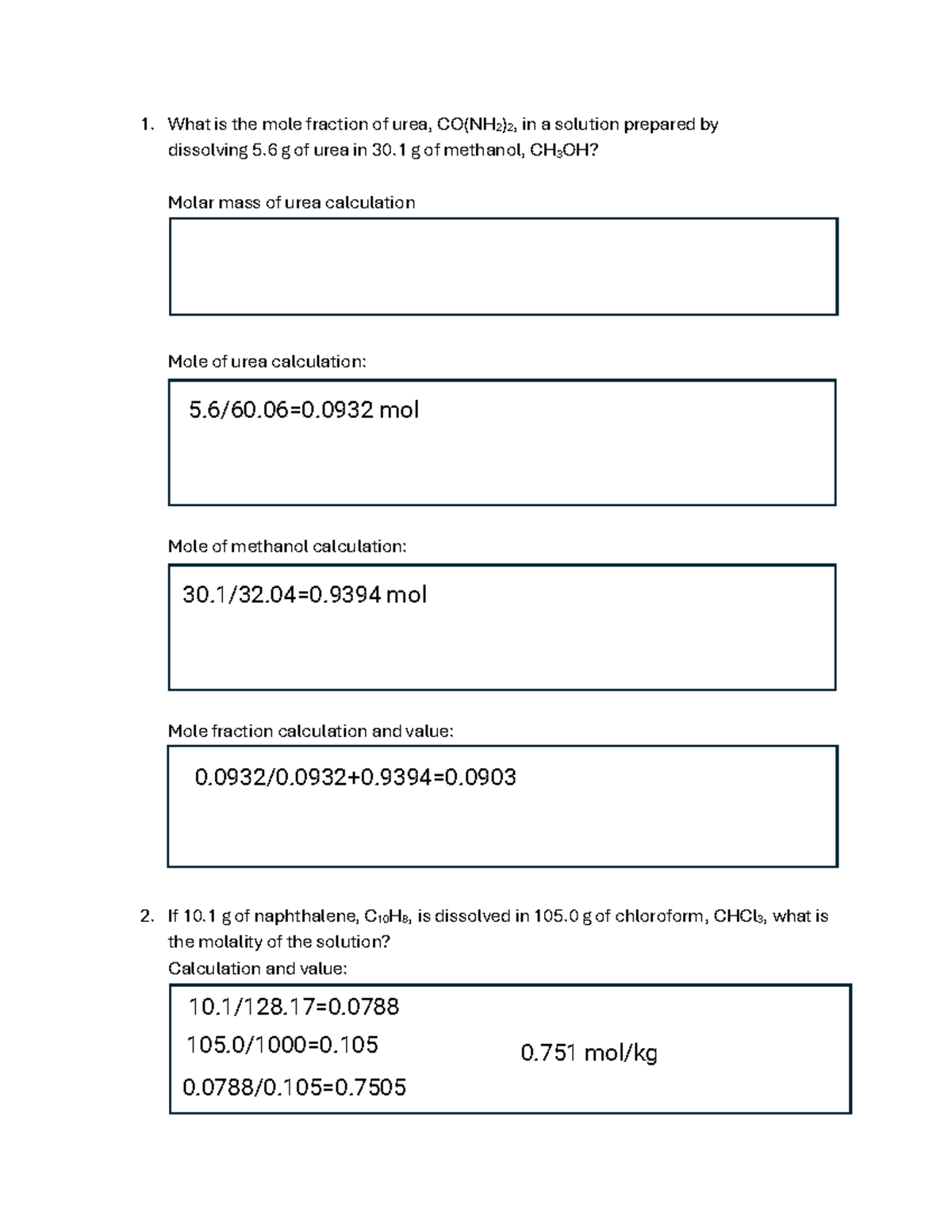 LA Worksheet Solutions: Mole Fraction & Molality Calculations - Studocu