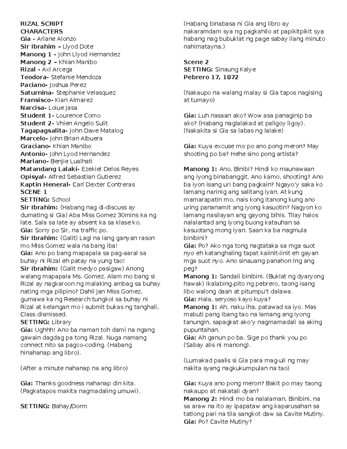 Rizal%20Script - N/A - RIZAL SCRIPT CHARACTERS Gia - Ariane Alonzo Sir ...