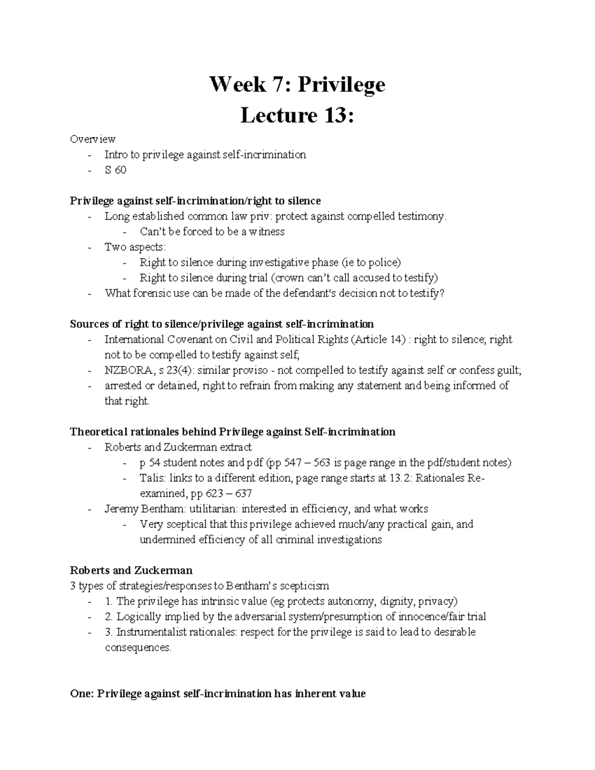 Week 7 Lecture Notes on Privilege Against Self-Incrimination - Studocu