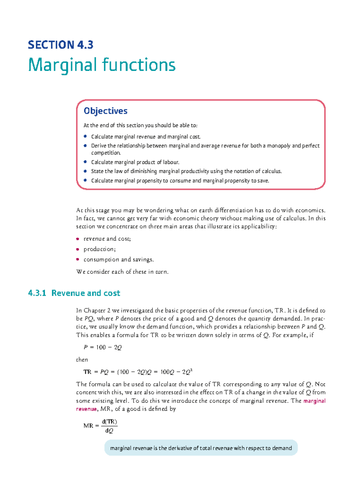SECTION 4.3 Marginal Functions: Revenue, Cost, and Productivity ...