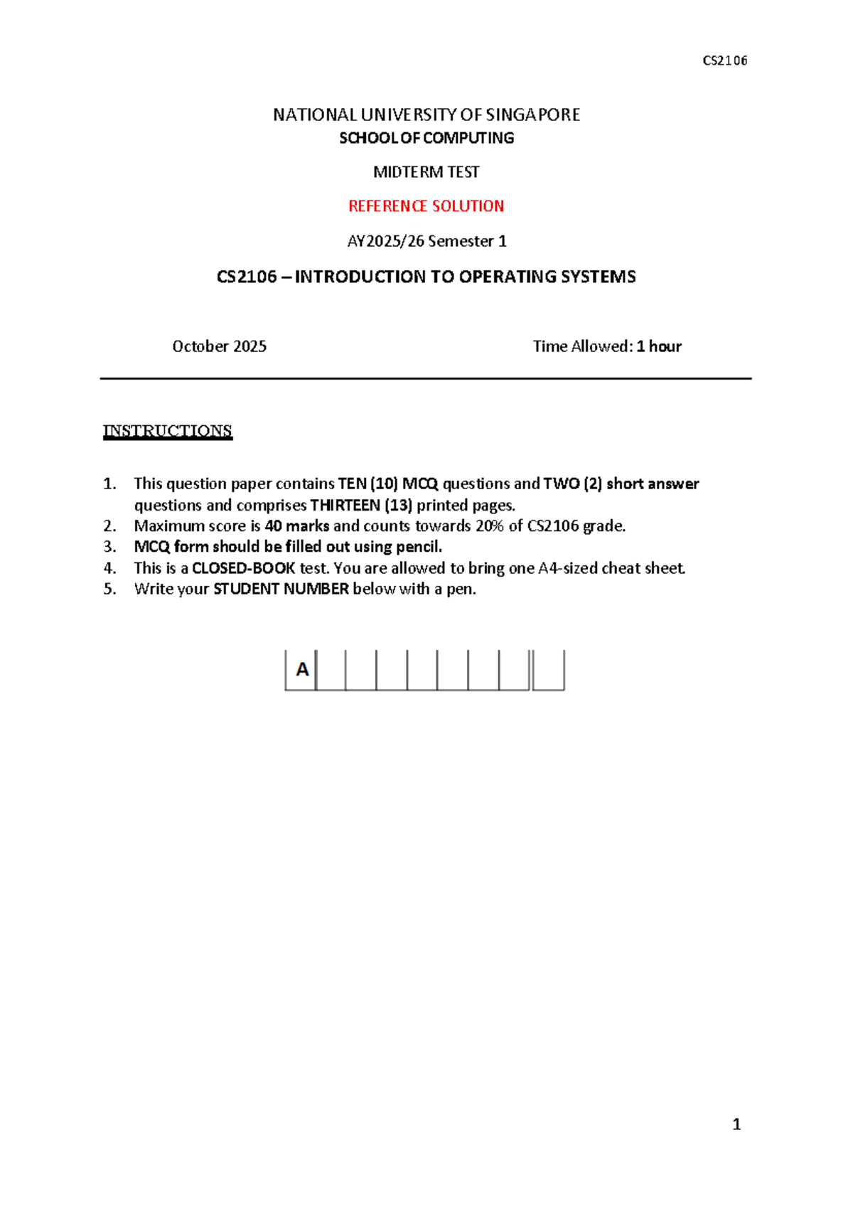 CS2106 Midterm Test Reference Solutions - Semester 1 2025 - Studocu