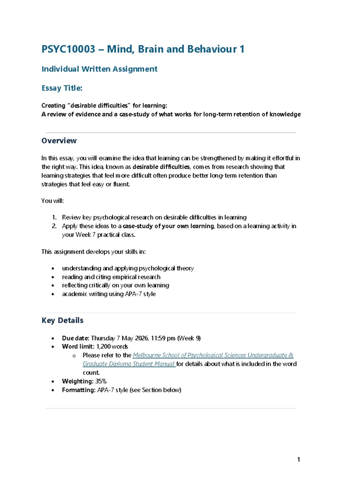 PSYC10003 Final Exam Essay: Desirable Difficulties in Learning - Studocu