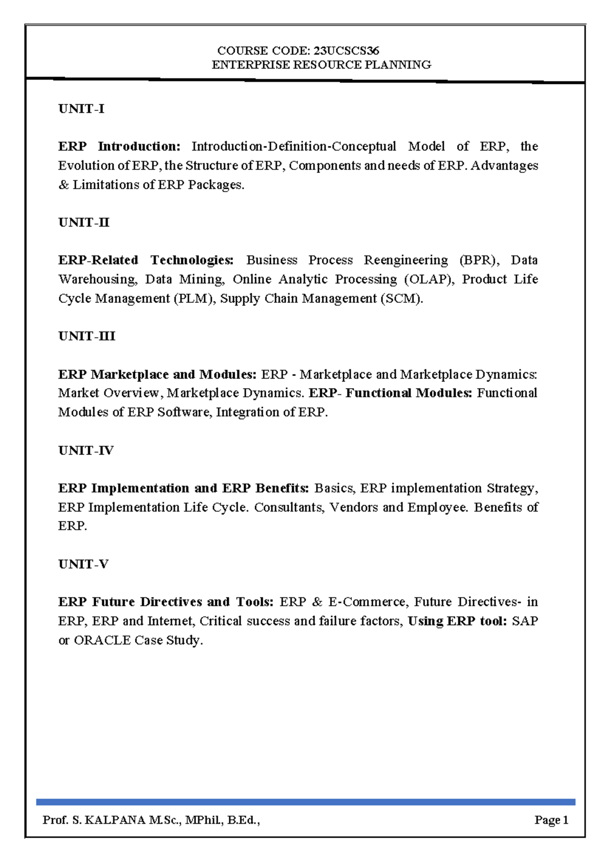 23UCSCS36 ERP II: Comprehensive Overview of Concepts and Applications ...