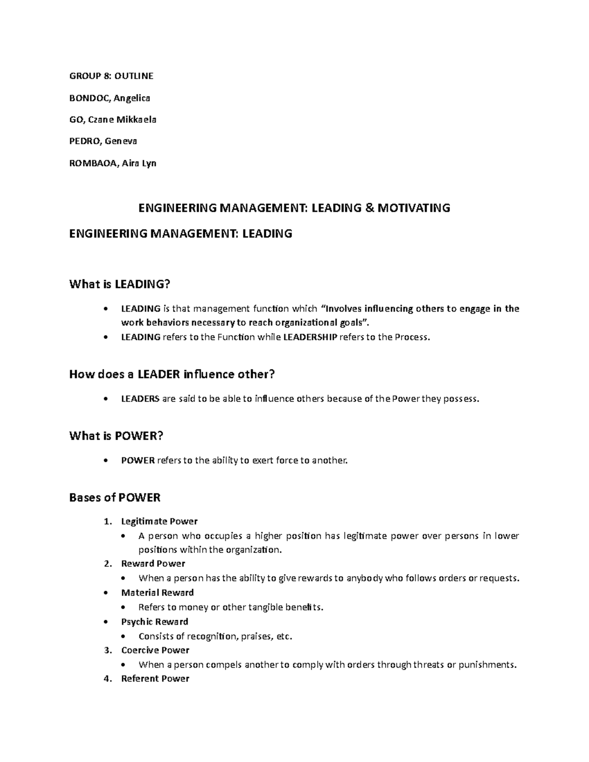 ENGM 101: Leadership and Motivation in Engineering Management - Studocu