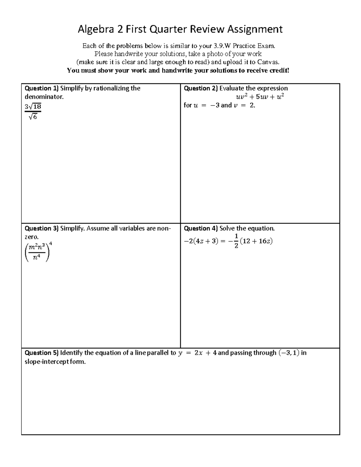 Algebra+2+Quarter+1+Review+Assignment. - Algebra 2 First Quarter Review ...
