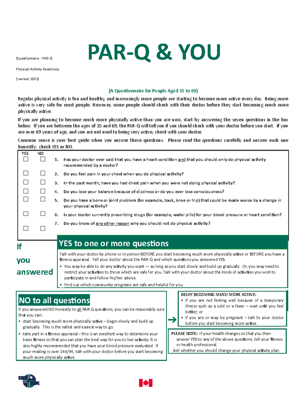 PAR-Q & YOU: Essential Health Questionnaire for Physical Activity - Studocu