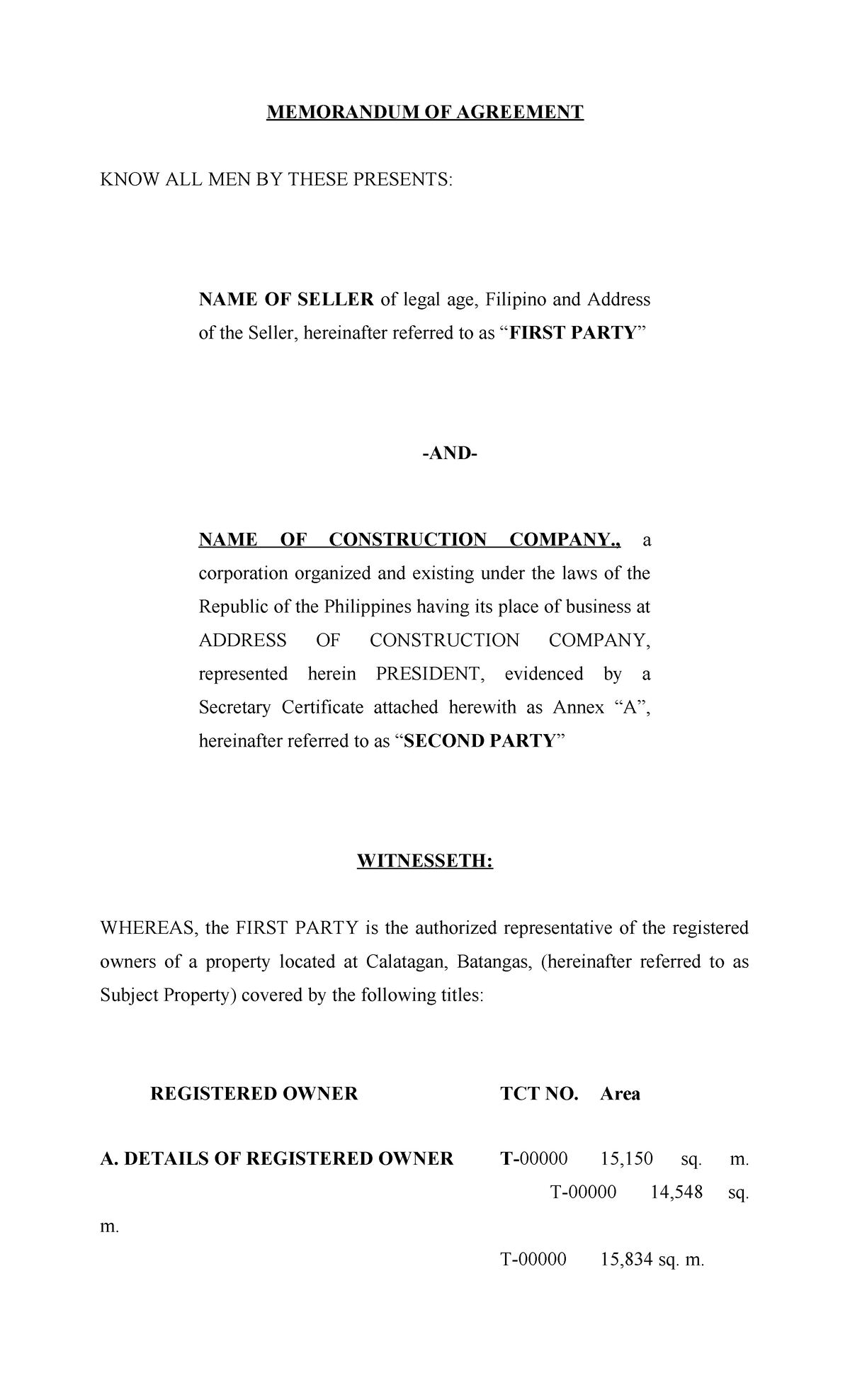 Sample Memorandum of Agreement (MOA) for Real Property Sale - Studocu