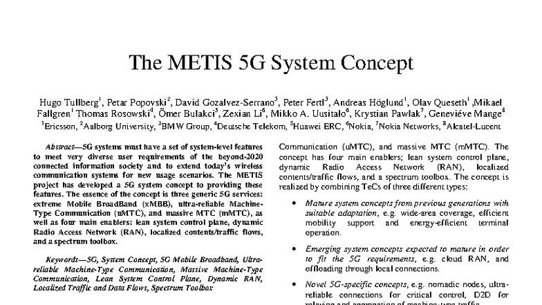 Eu CNC 2015: The METIS 5G System Concept Overview - Studocu