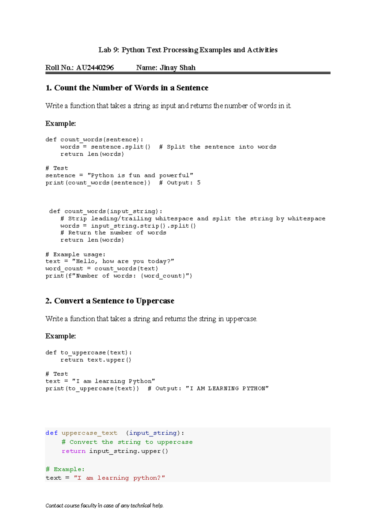 Lab 9 Python Text Processing exercises with examples - Lab 9: Python ...