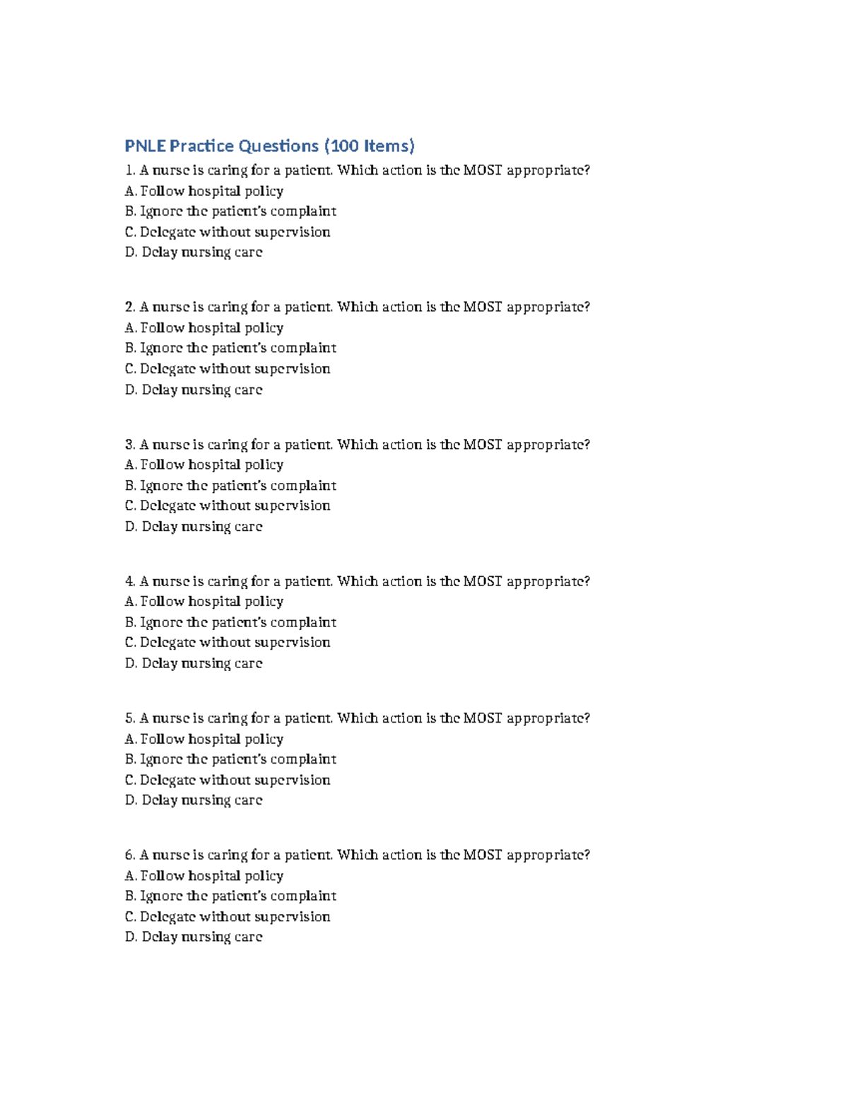 PNLE Practice Questions: 100 Items with Answers - Studocu