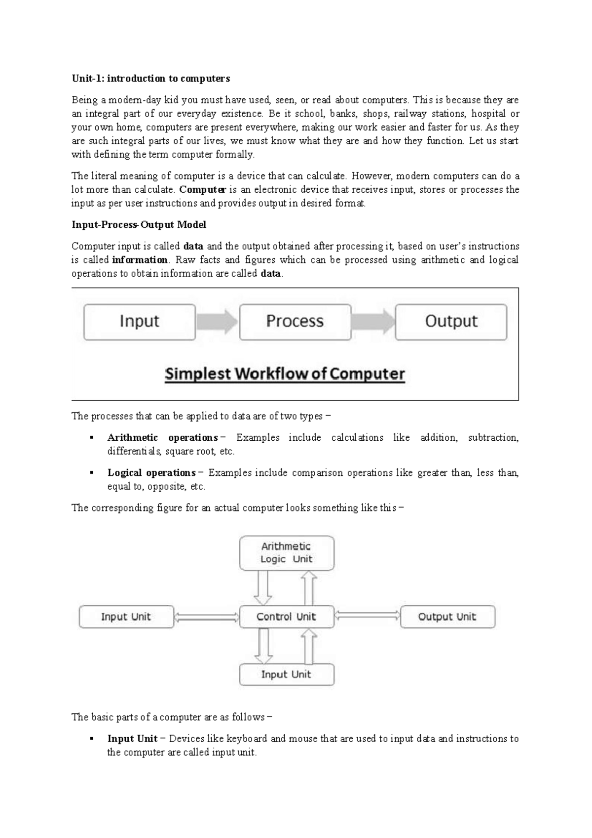 Unit 1 - Introduction to Computers: Essential Notes and Concepts - Studocu