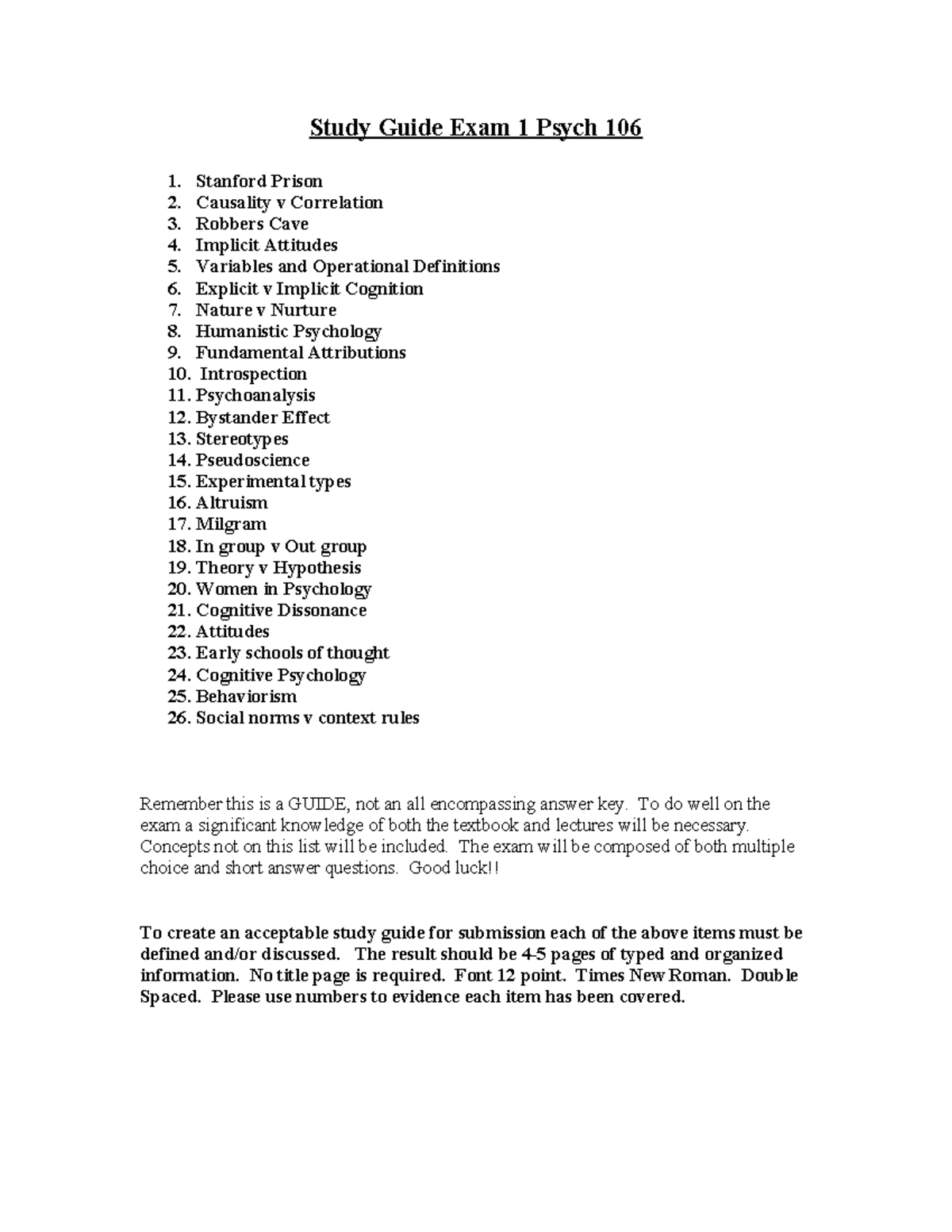 Psych 106 Study Guide for Exam 1: Key Concepts Overview - Studocu