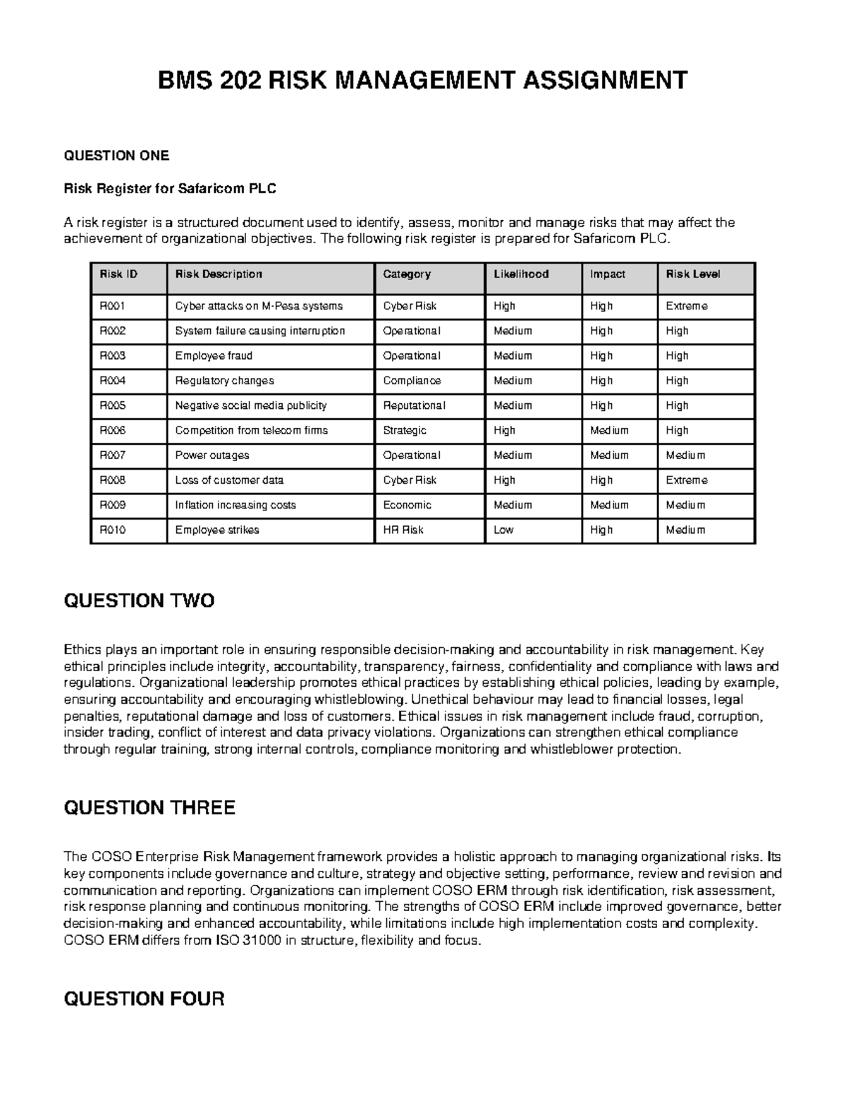 BMS 202 Risk Management Assignment: Risk Register & Ethics Analysis ...