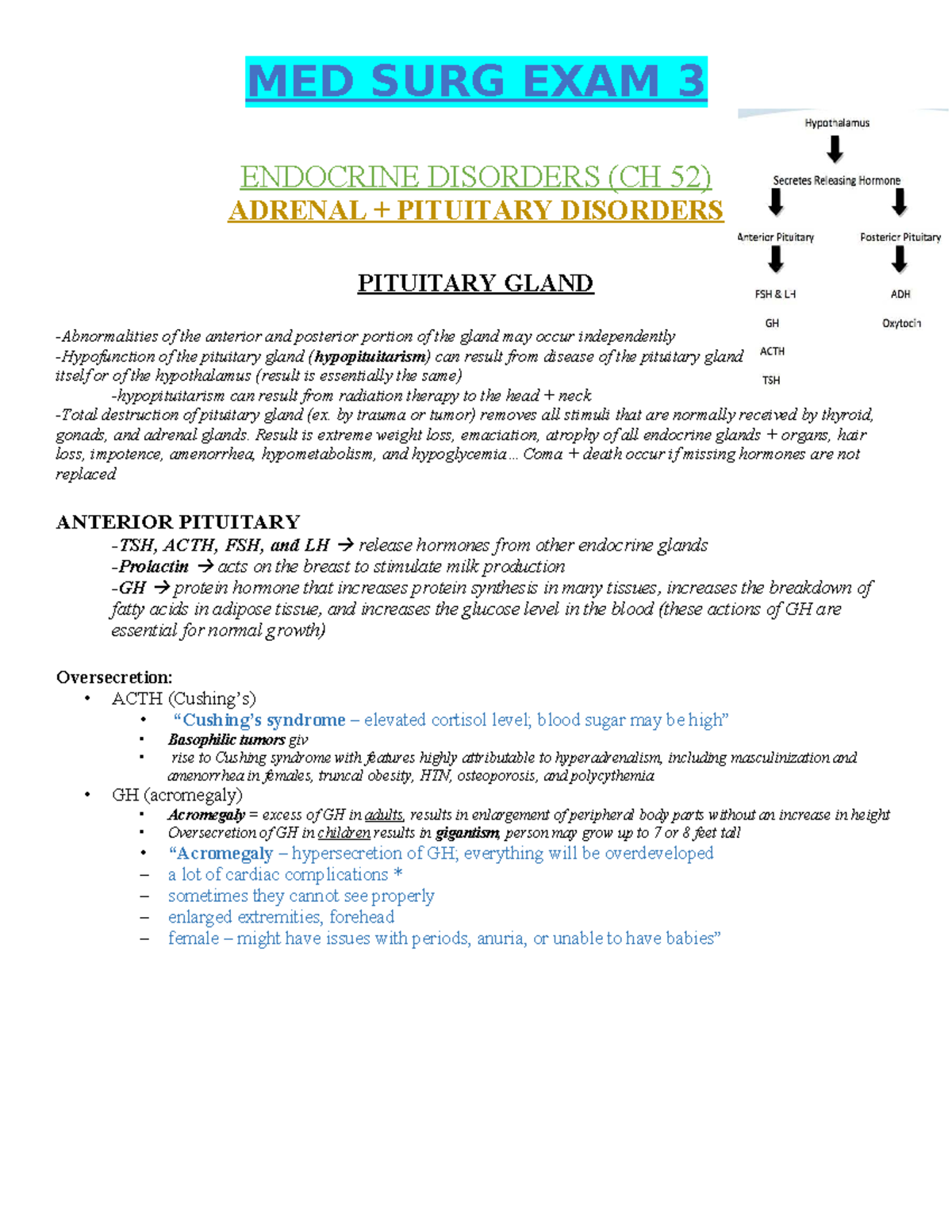 MED SURG EXAM 3 - Endocrine Disorders Overview and Key Concepts - Studocu
