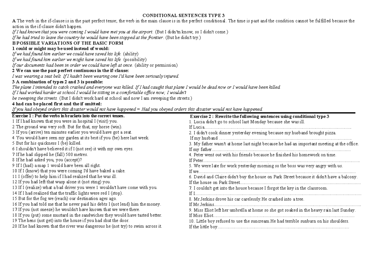 Conditional sentences type 3 - CONDITIONAL SENTENCES TYPE 3 A The verb ...