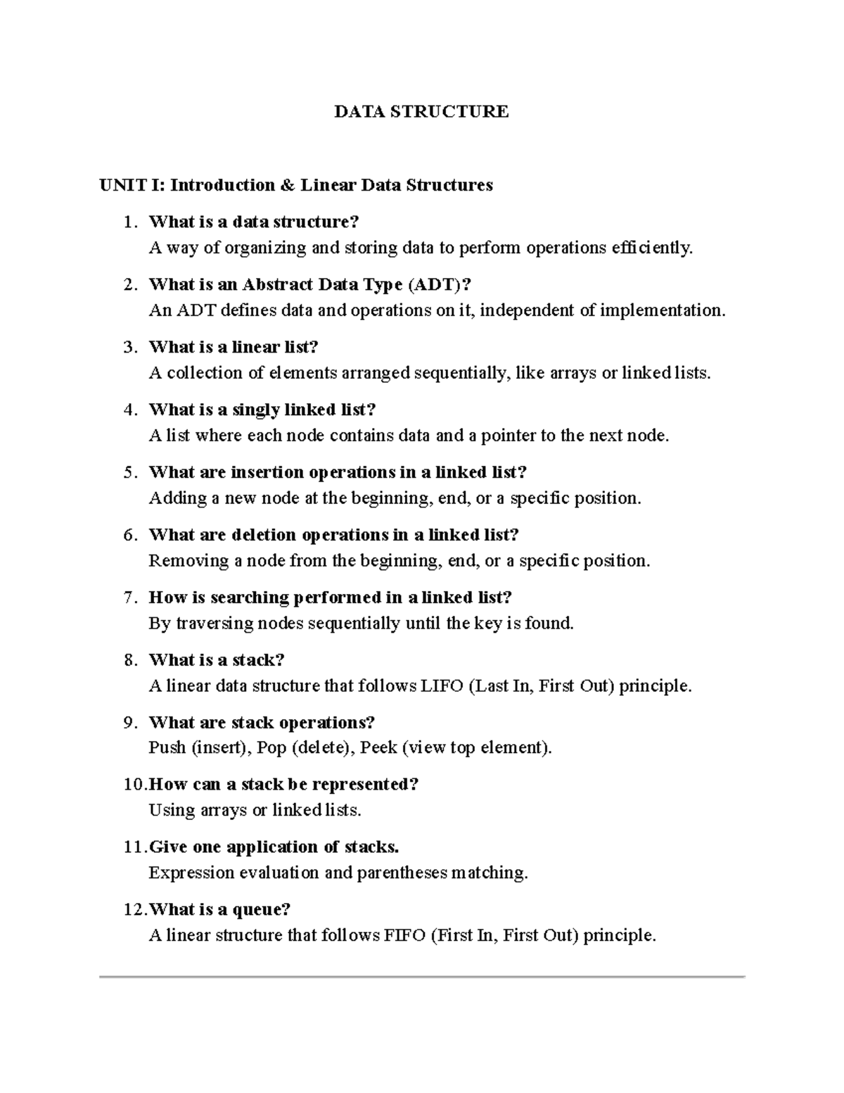 DATA STRUCTURE - VIVA QUESTIONS UNIT I: Linear Data Structures Overview ...
