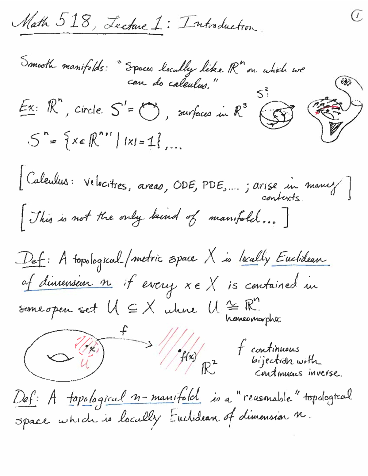 Aug25 - Math 518, Lecture 1: Introduction I Smooth manifolds: locally ...