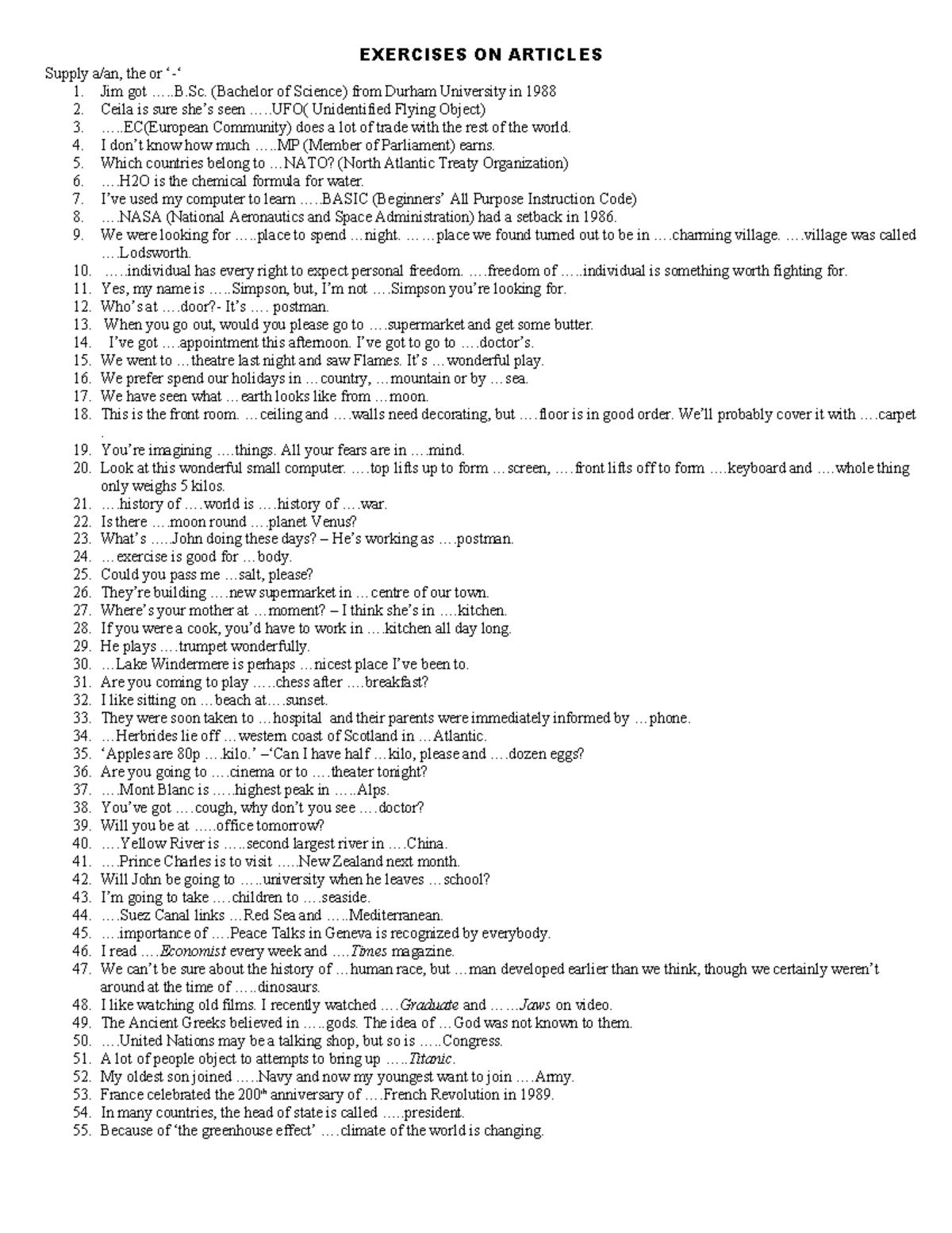 Exercises on Articles: Practice Questions and Answers - Studocu