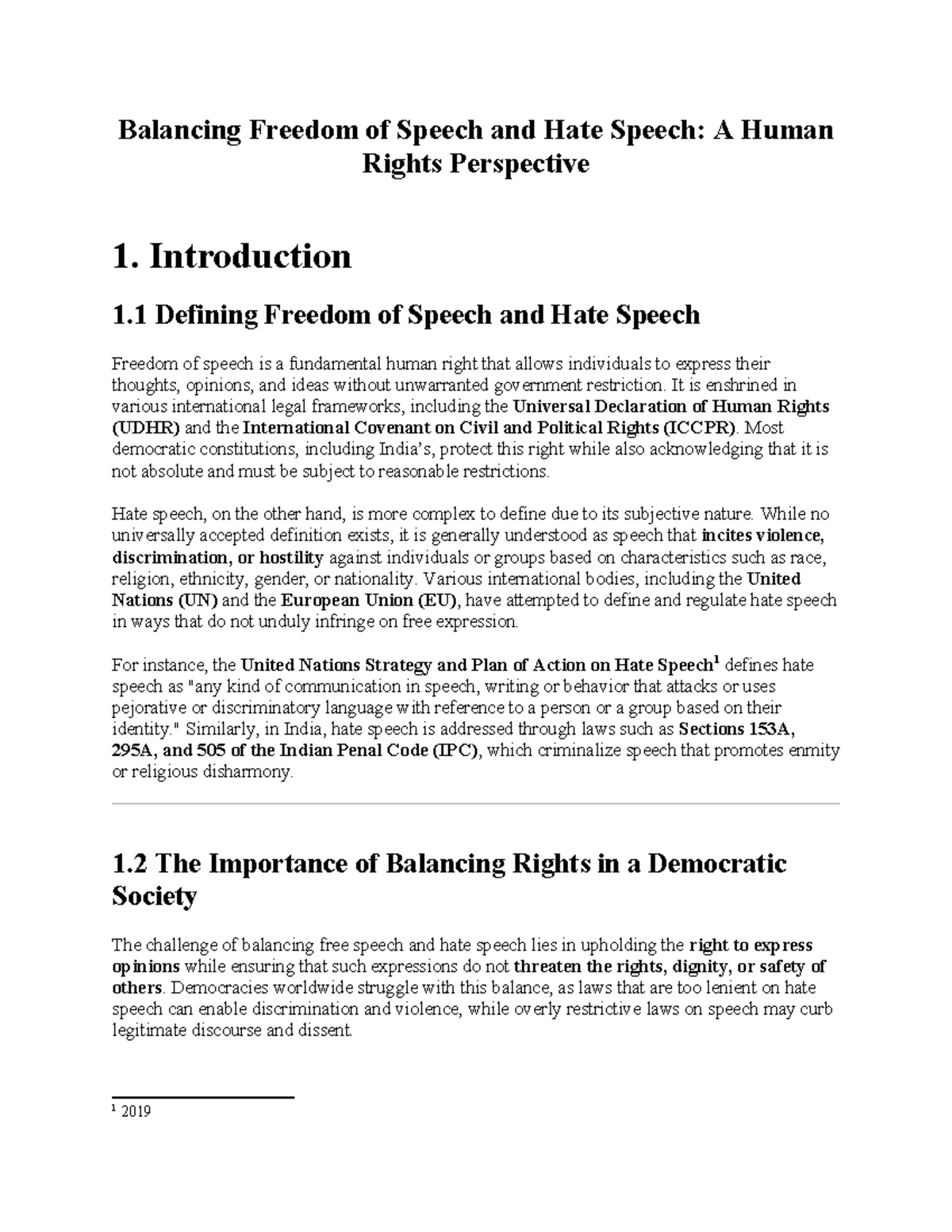 Balancing freedom of speech and hate speech: A human rights term paper ...