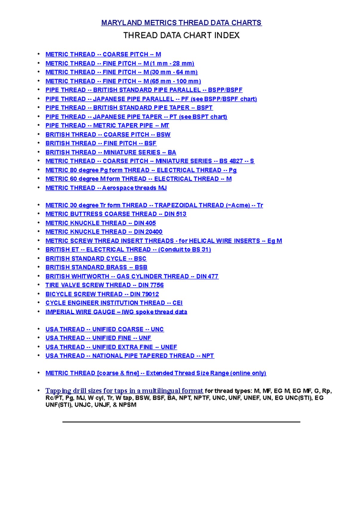 MARYLAND METRICS THREAD DATA CHART: Comprehensive Thread Types and ...