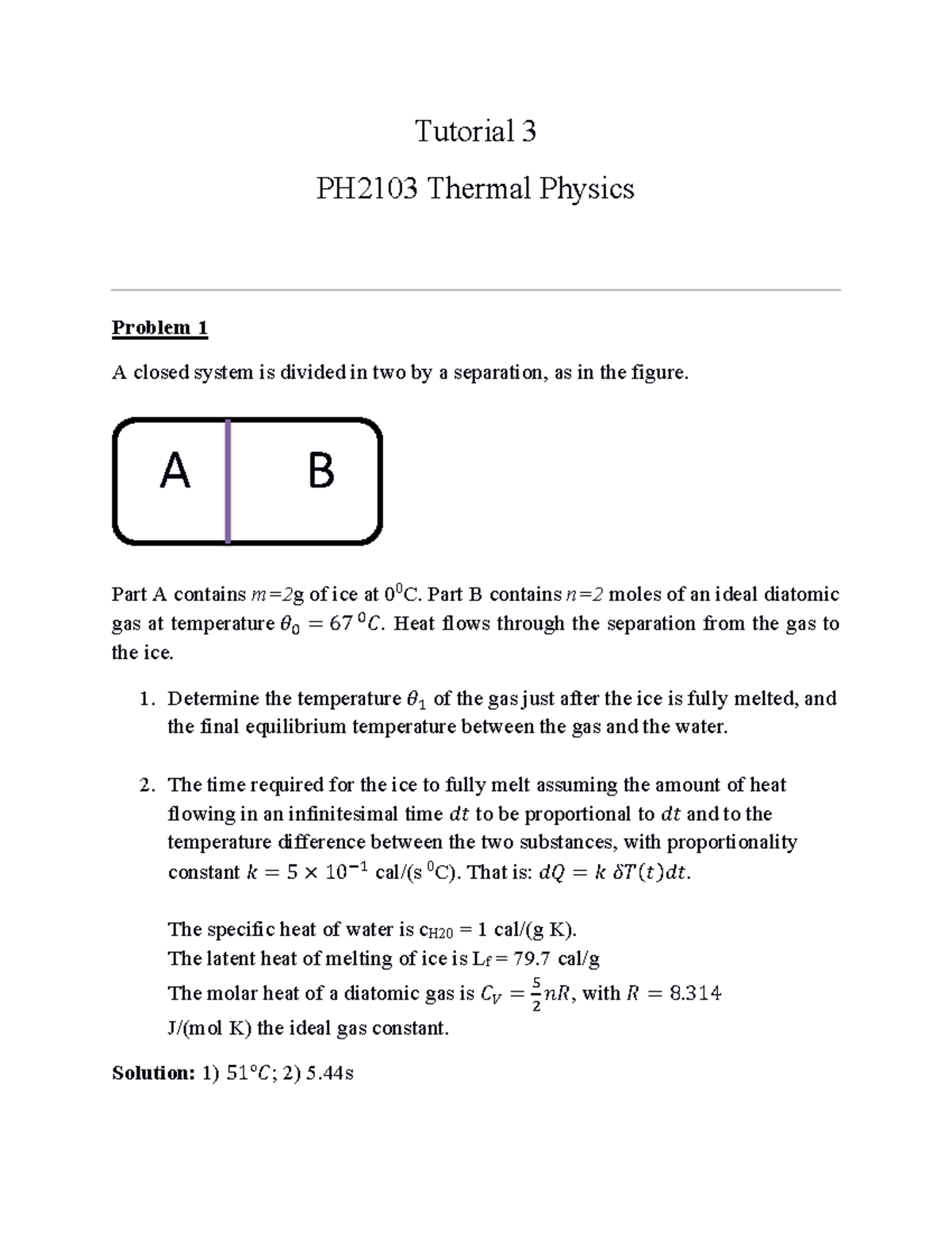 Solutions - PH2103 Thermal Physics Tutorial 3 - Tutorial 3 PH2103 ...