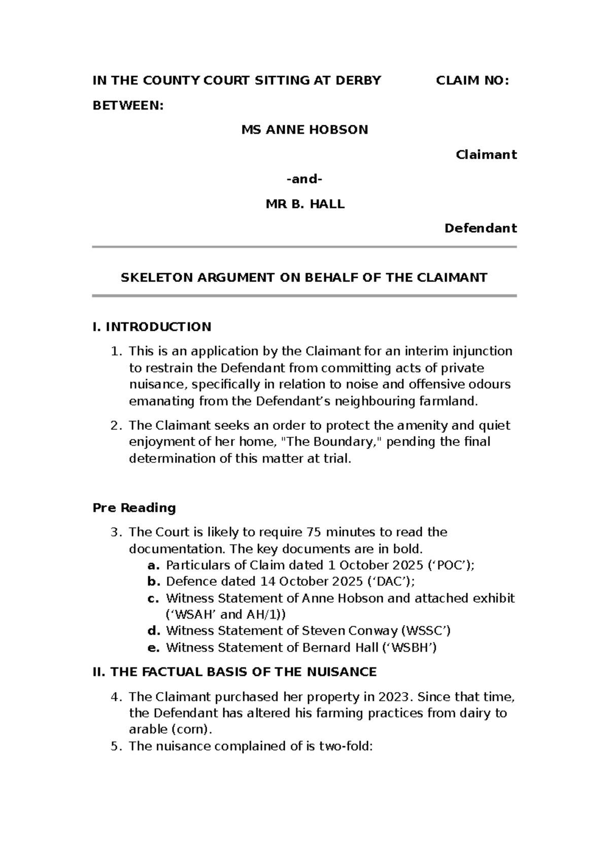 Hobson v Hall - Claimant's Skeleton Argument for Interim Injunction ...