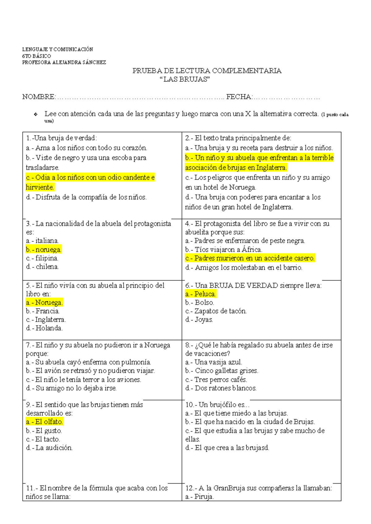 428136789 Prueba de Lectura Complementaria: "Las Brujas" 6to - Document Preview
