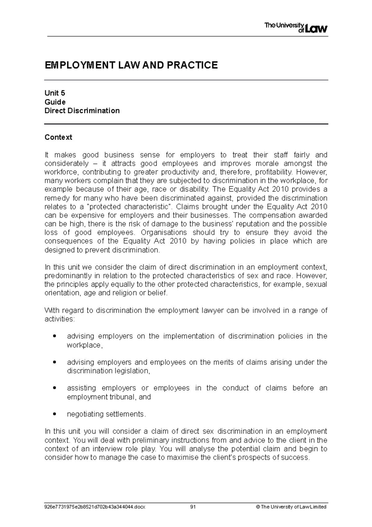 Employment 5 - EMPLOYMENT LAW AND PRACTICE Unit 5 Guide Direct ...