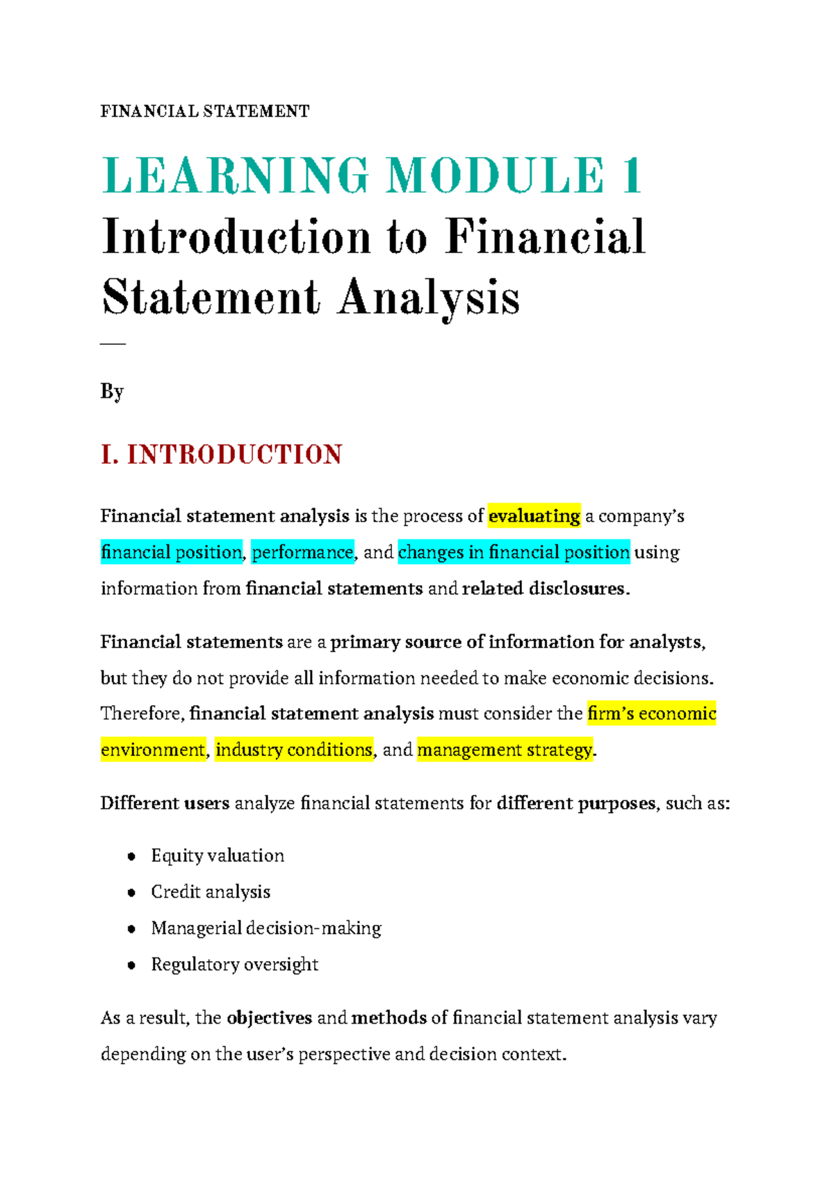CFA Financial Statement Analysis - Learning Module 1 Overview - Studocu