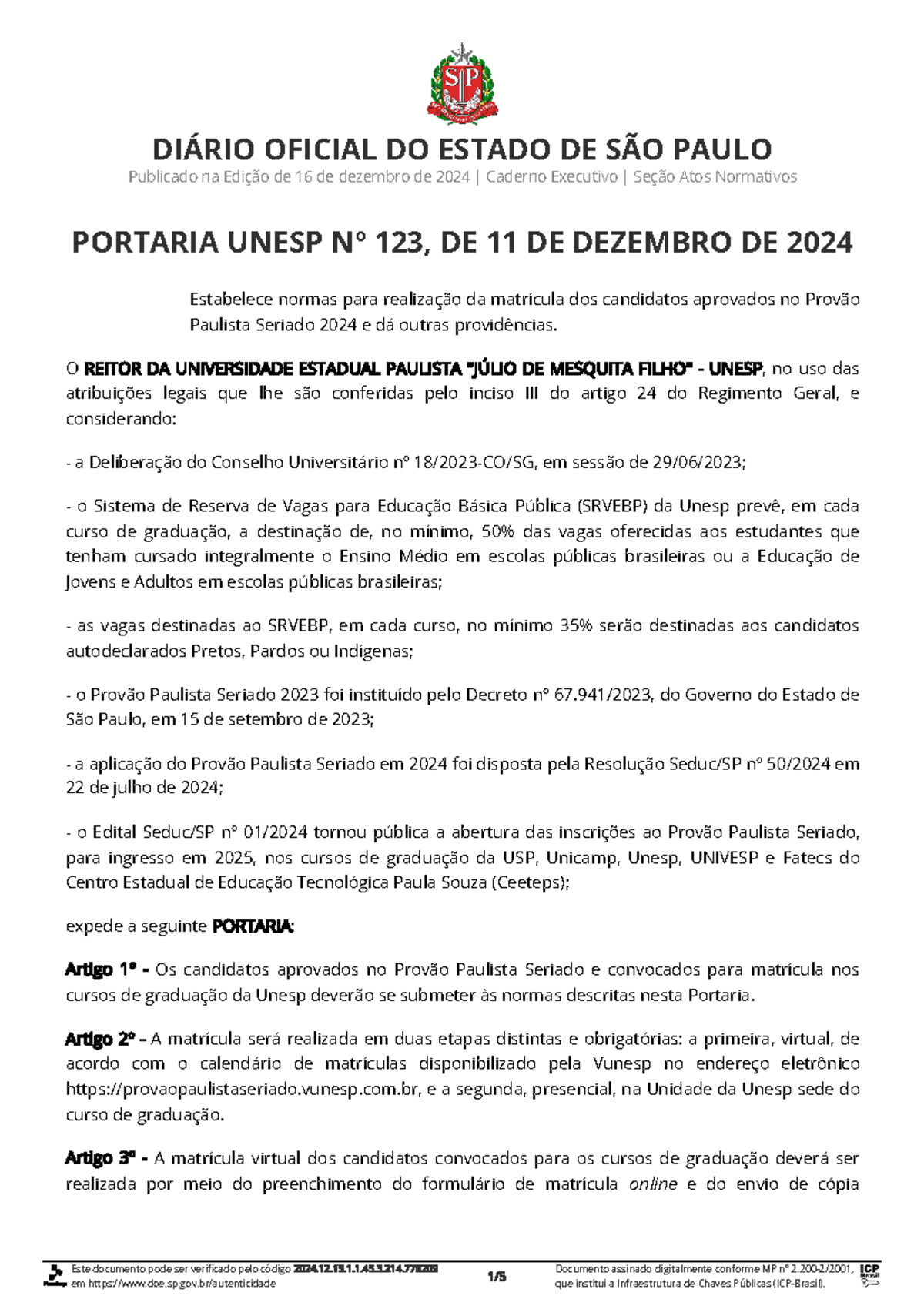Portaria Unesp nº 123-2024 - Provão Paulista Seriado 2024 - DIÁRIO ...