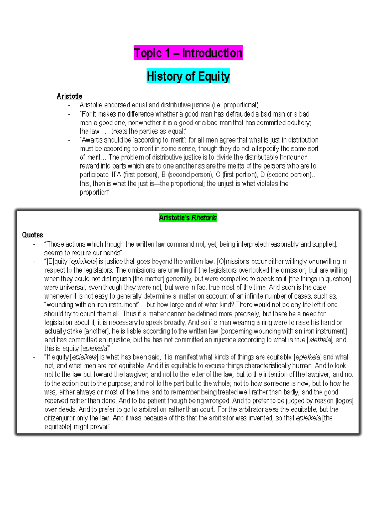 Equity and Trusts - Notes Final - Topic 1 – Introduction History of ...