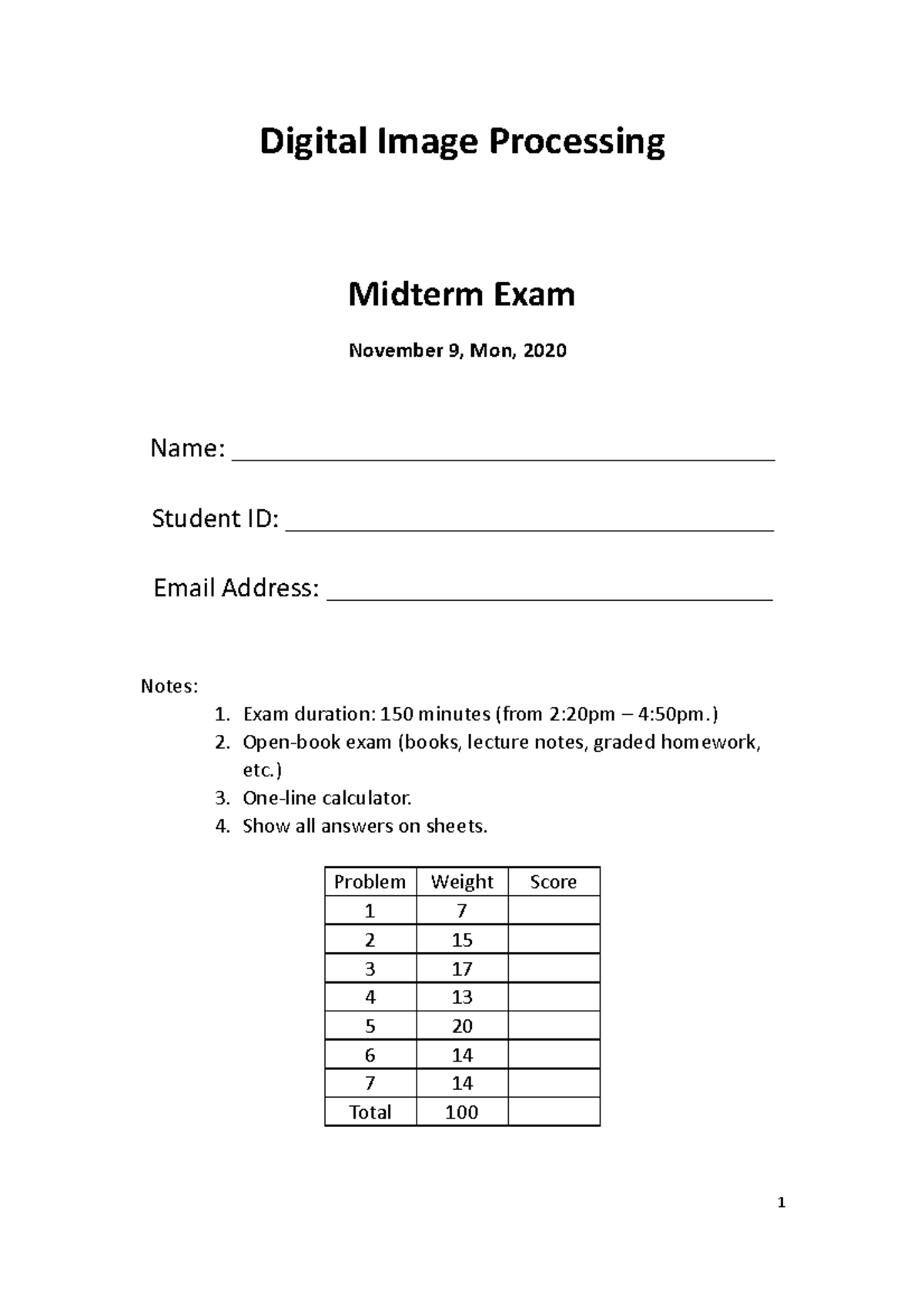 DIP midterm - Digital Image Processing Midterm Exam November 9, Mon ...