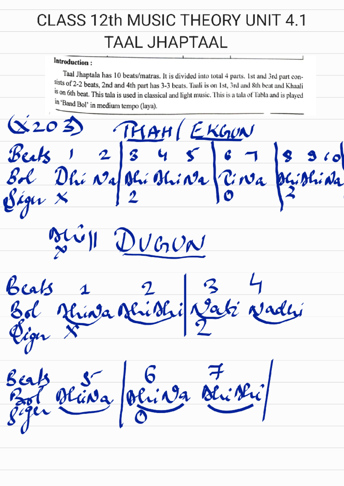 Taal jhaptaal handwritten table - CLASS 12th MUSIC THEORY UNIT 4 TAAL ...