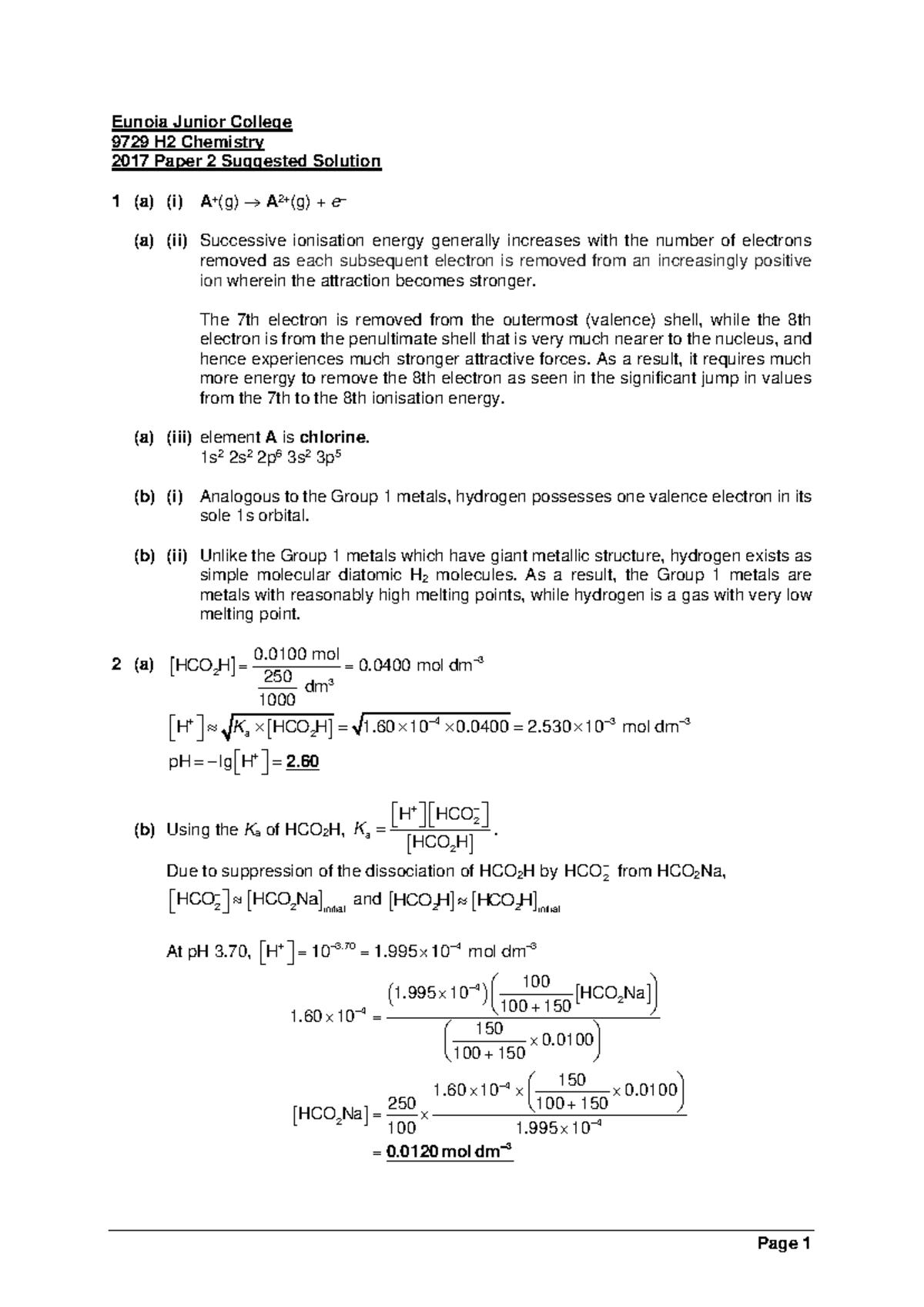 2017 A Level H2 Chemistry P2 Suggested Solutions and Explanations - Studocu