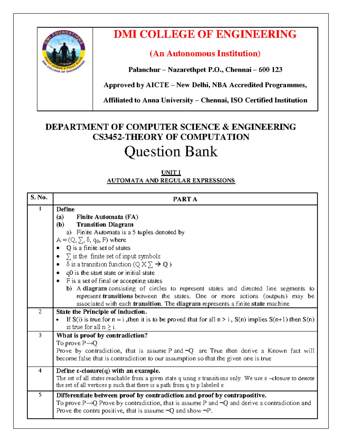 CS3452-TOC Question Bank: Two Mark Questions in Theory of Computation ...