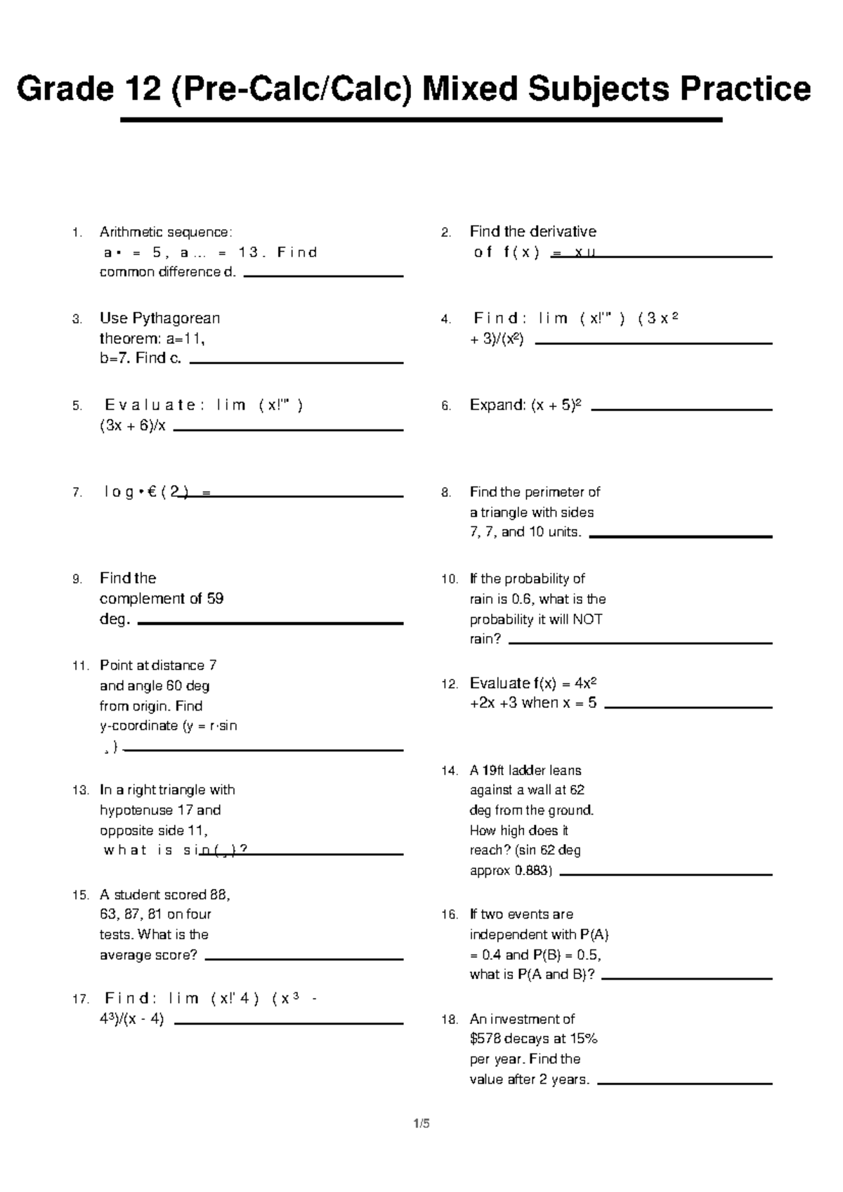 Grade 12 (Calc) Mixed Subjects Practice 5: Math Problems & Solutions ...