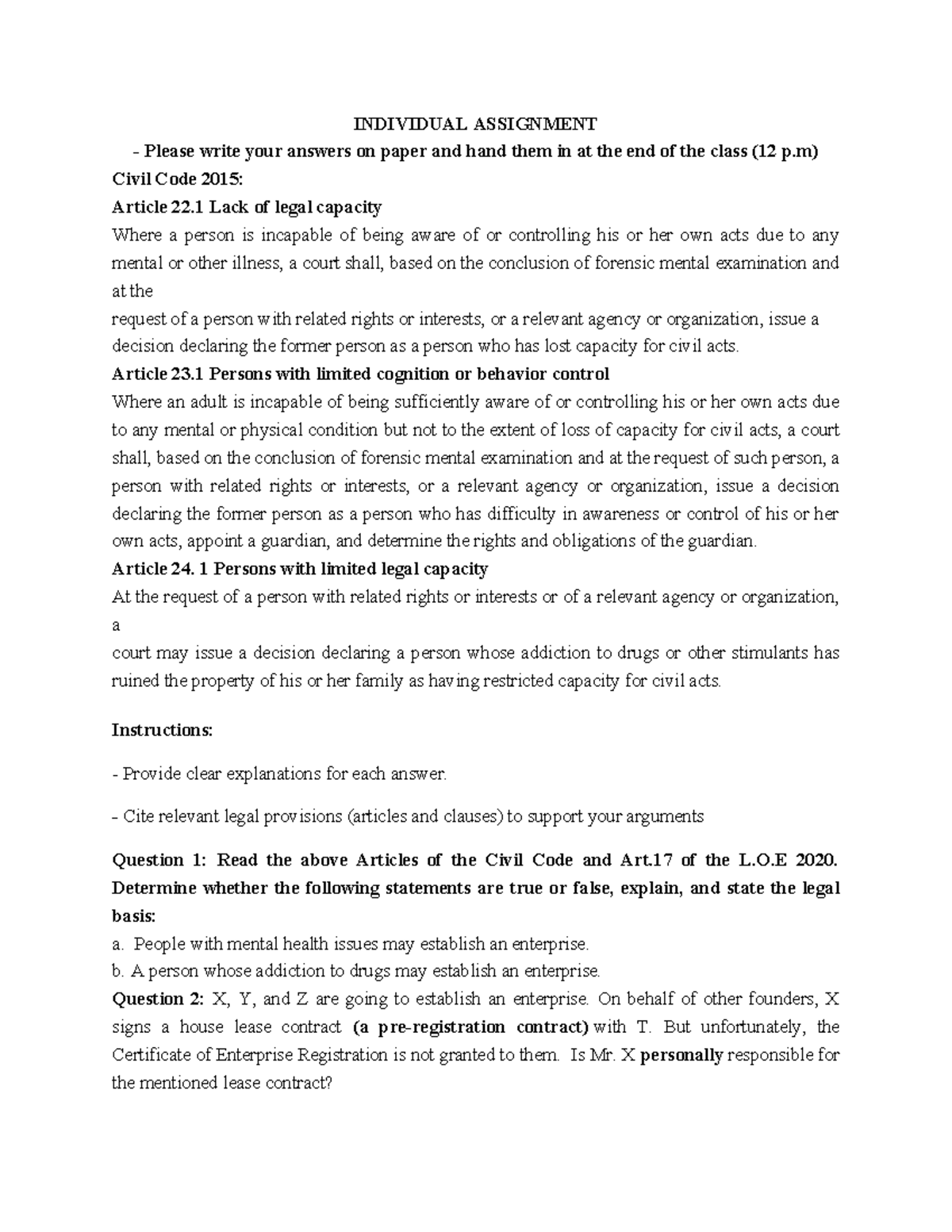 Civil Code 2015: Individual Assignment on Legal Capacity Issues - Studocu