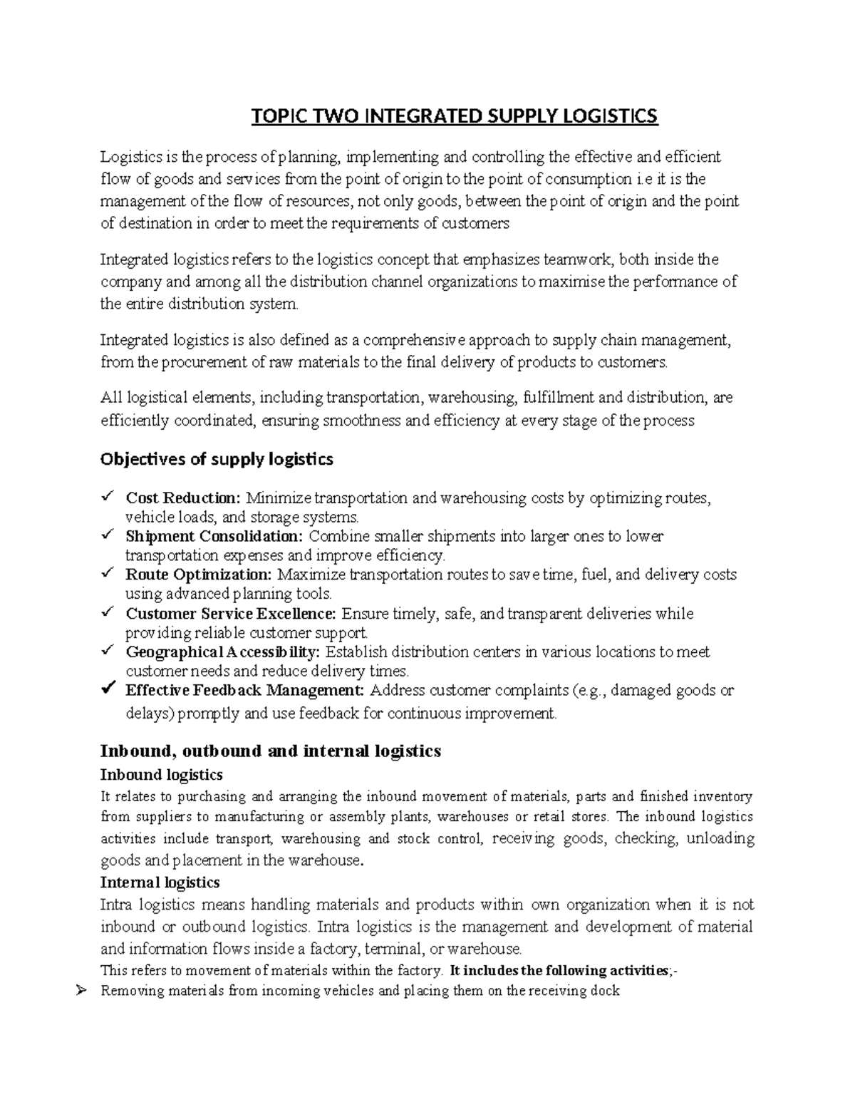 Topic 2: Integrated Supply Logistics Overview and Strategies - Studocu