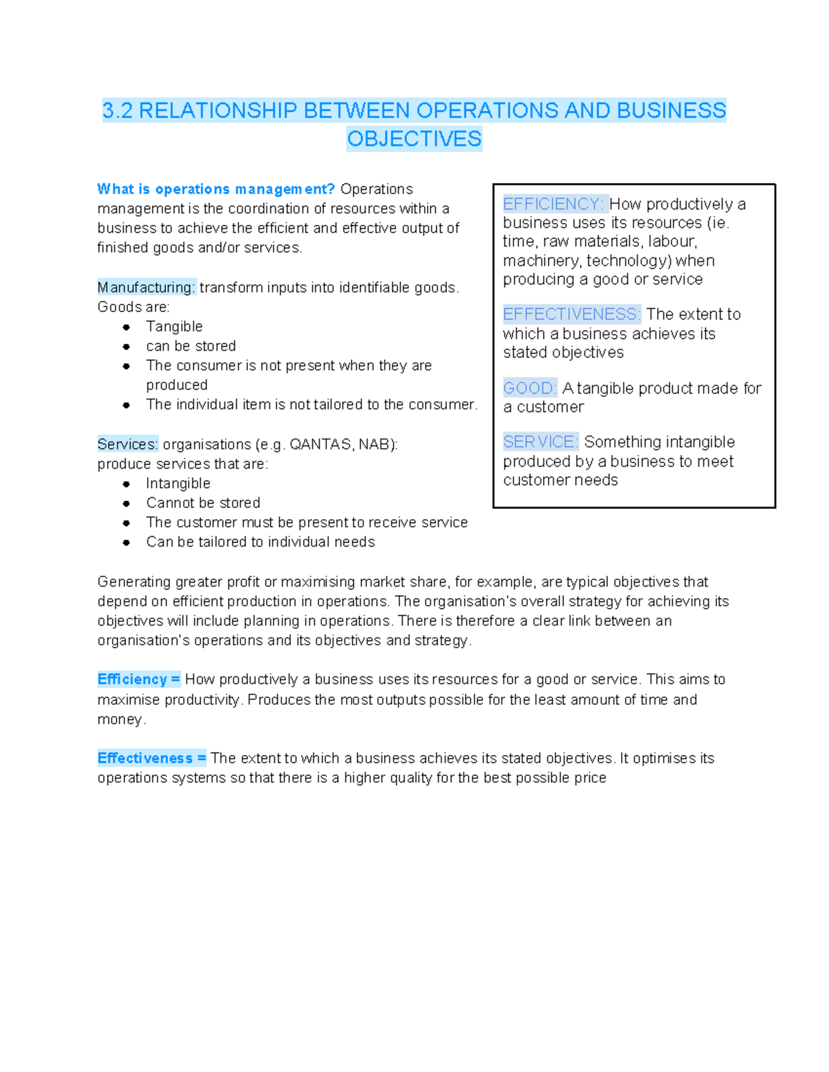 Business Summary: Operations & Objectives in Unit 3 AOS 3 - Studocu