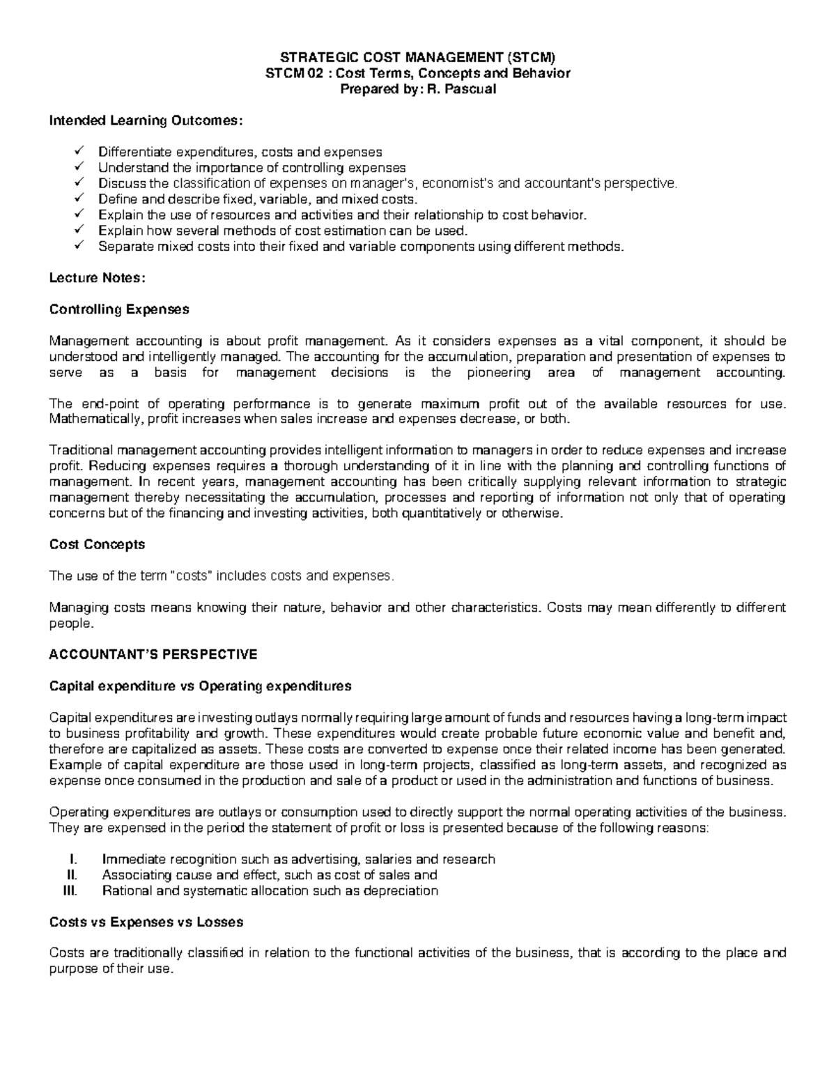 STCM 02: Lecture Notes on Cost Terms, Concepts, and Behavior - Studocu
