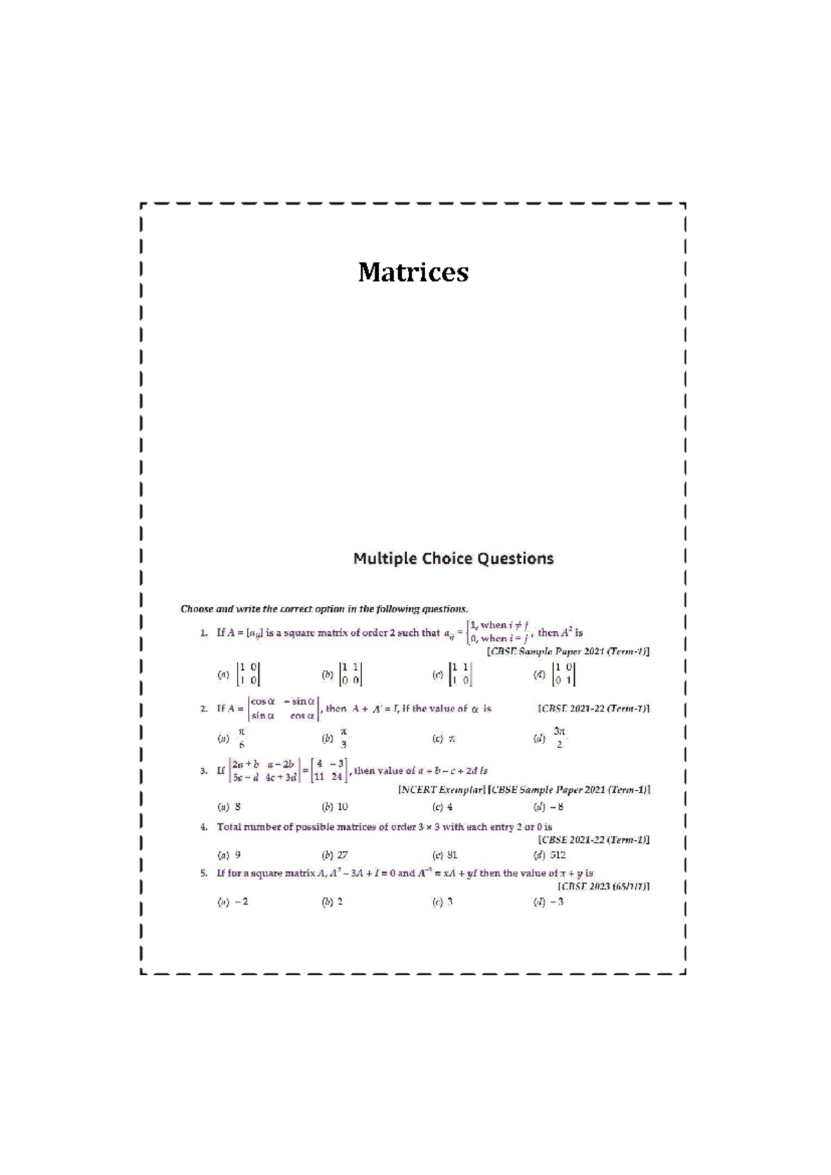 Matrices Multiple Choice Questions Sample Paper 2021 - RSM 9865 - Studocu