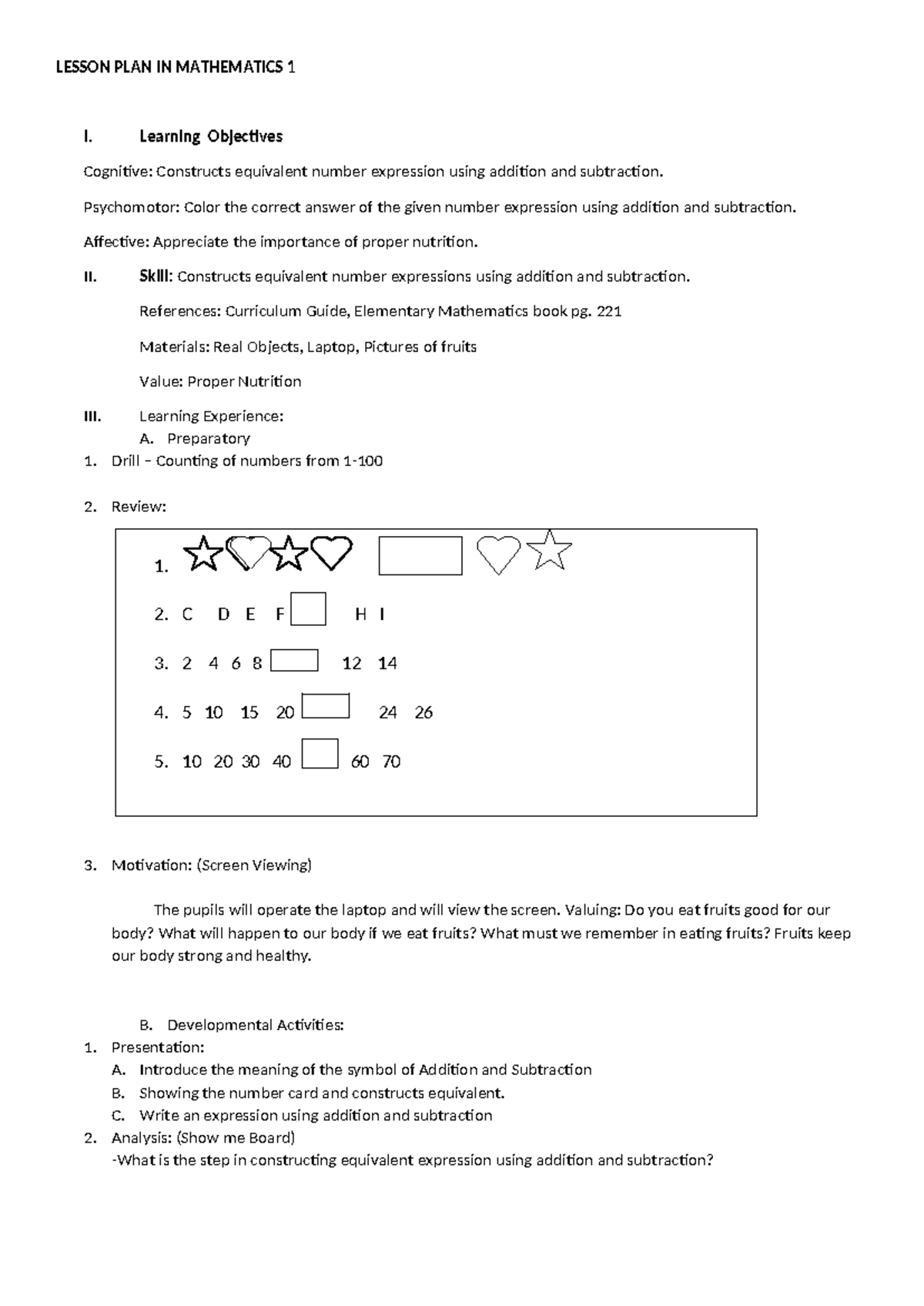 Lesson PLAN IN Mathematics 1 - LESSON PLAN IN MATHEMATICS 1 I. Learning ...