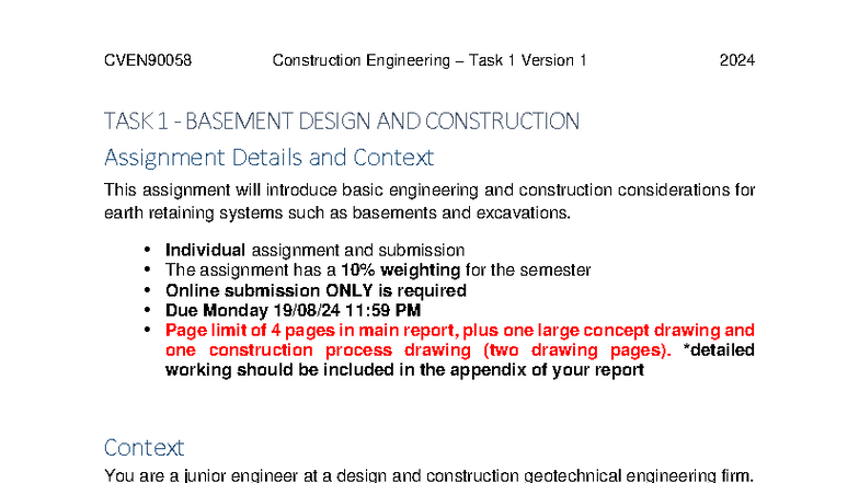 CVEN90058 2024 Task 1: Basement Design & Construction Assignment - Studocu