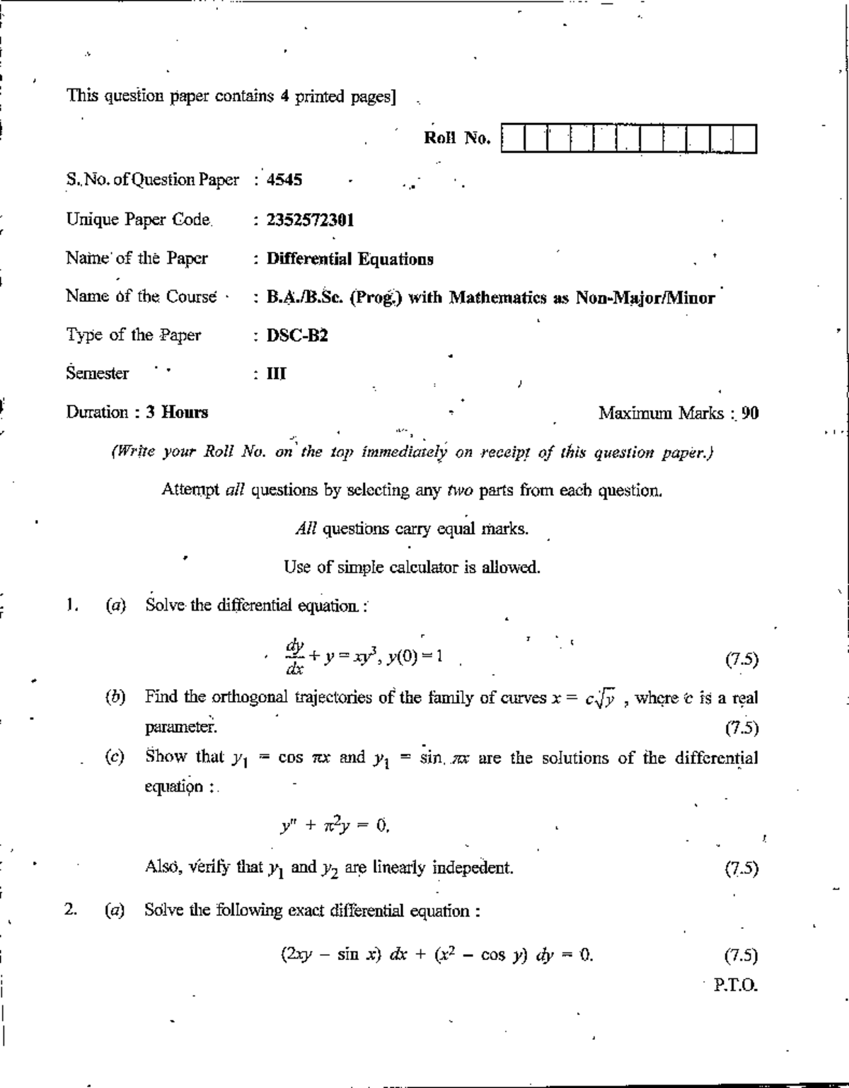 Maths Q4 - PYQ: Differential Equations Exam Paper (Sem 10) - Studocu