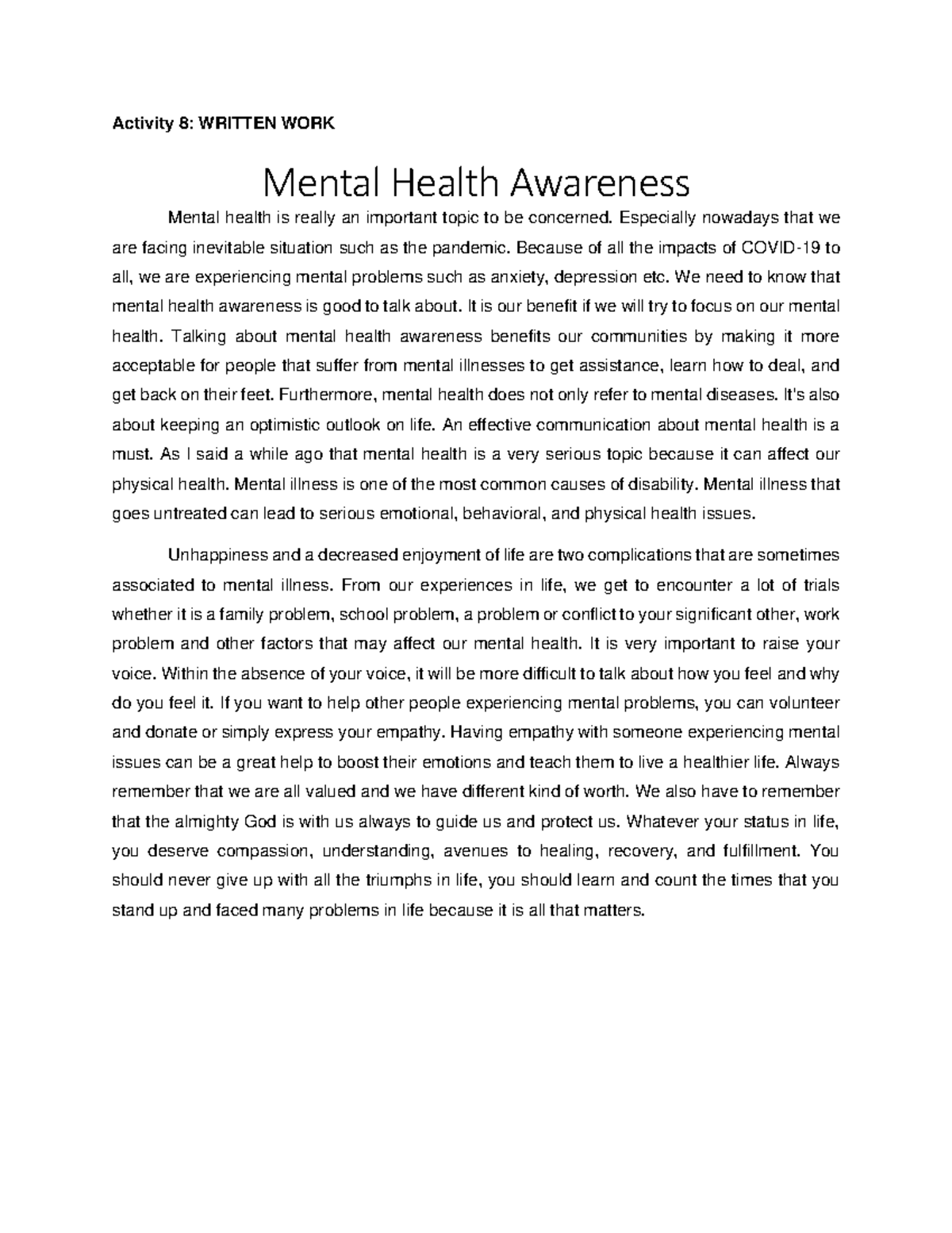 Mental Health Awareness Speech