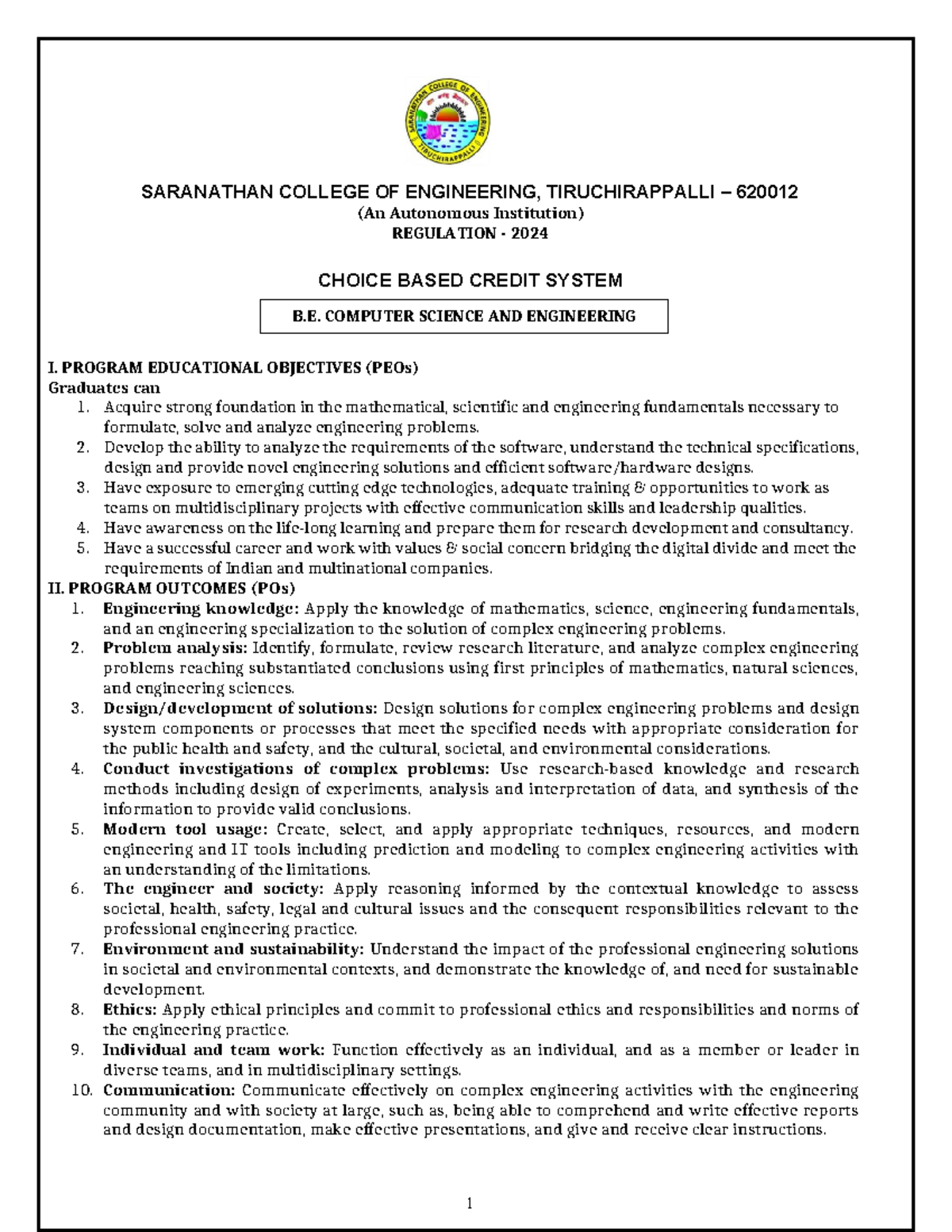 B.E. CSE SCE Final Exam Regulation 2024 Program Outcomes & Objectives ...
