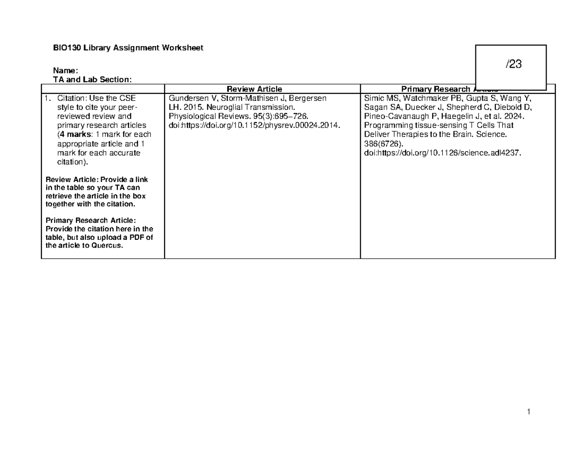 BIO130 Library Assignment Worksheet - Compare Review & Research ...