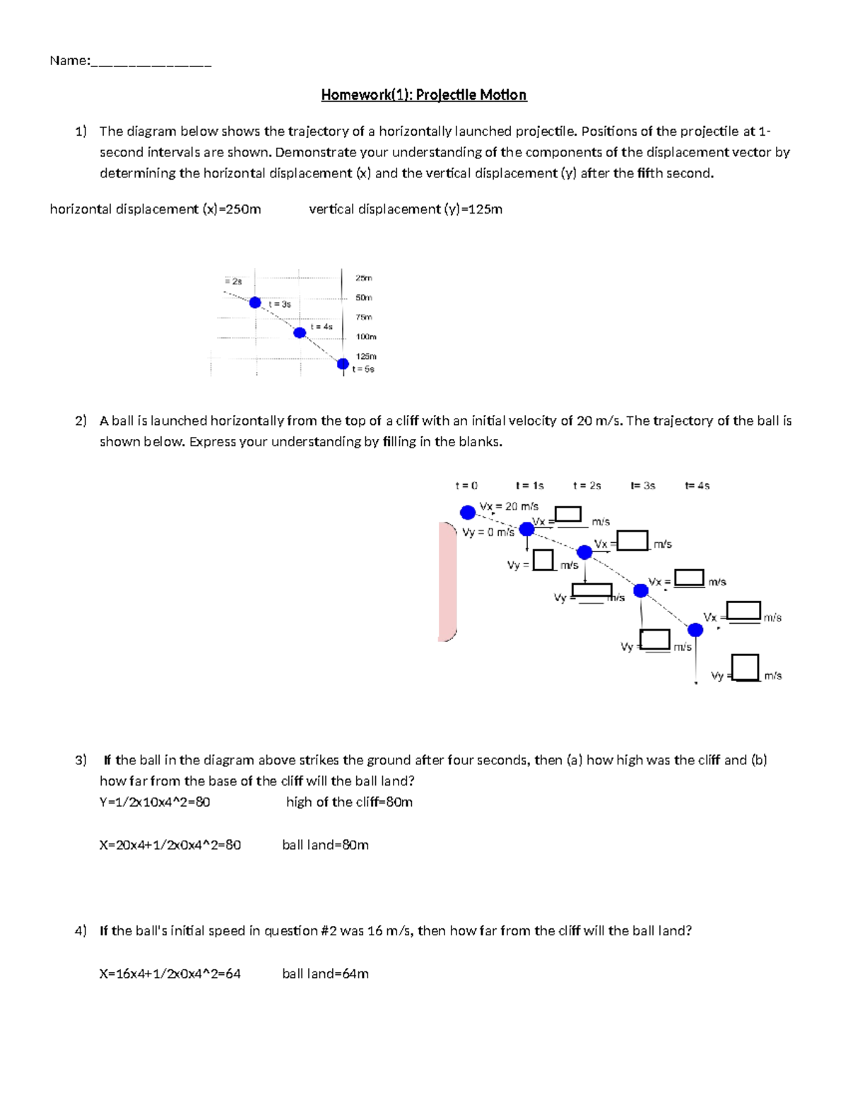 Projectile Motion HW (1): Displacement and Trajectory Analysis - Studocu