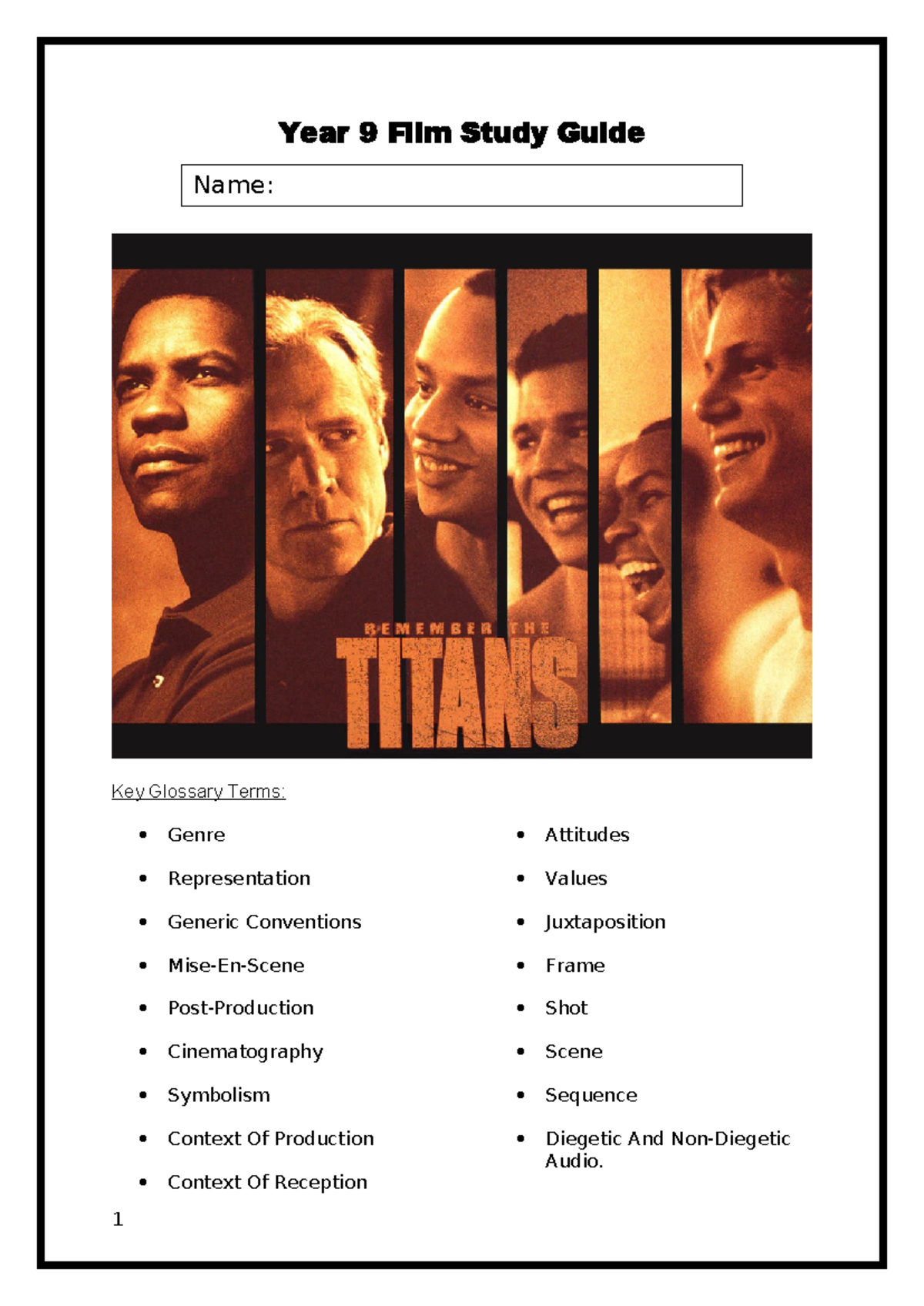 Year 9 Film Study Guide: Exploring "Remember the Titans" Themes - Studocu