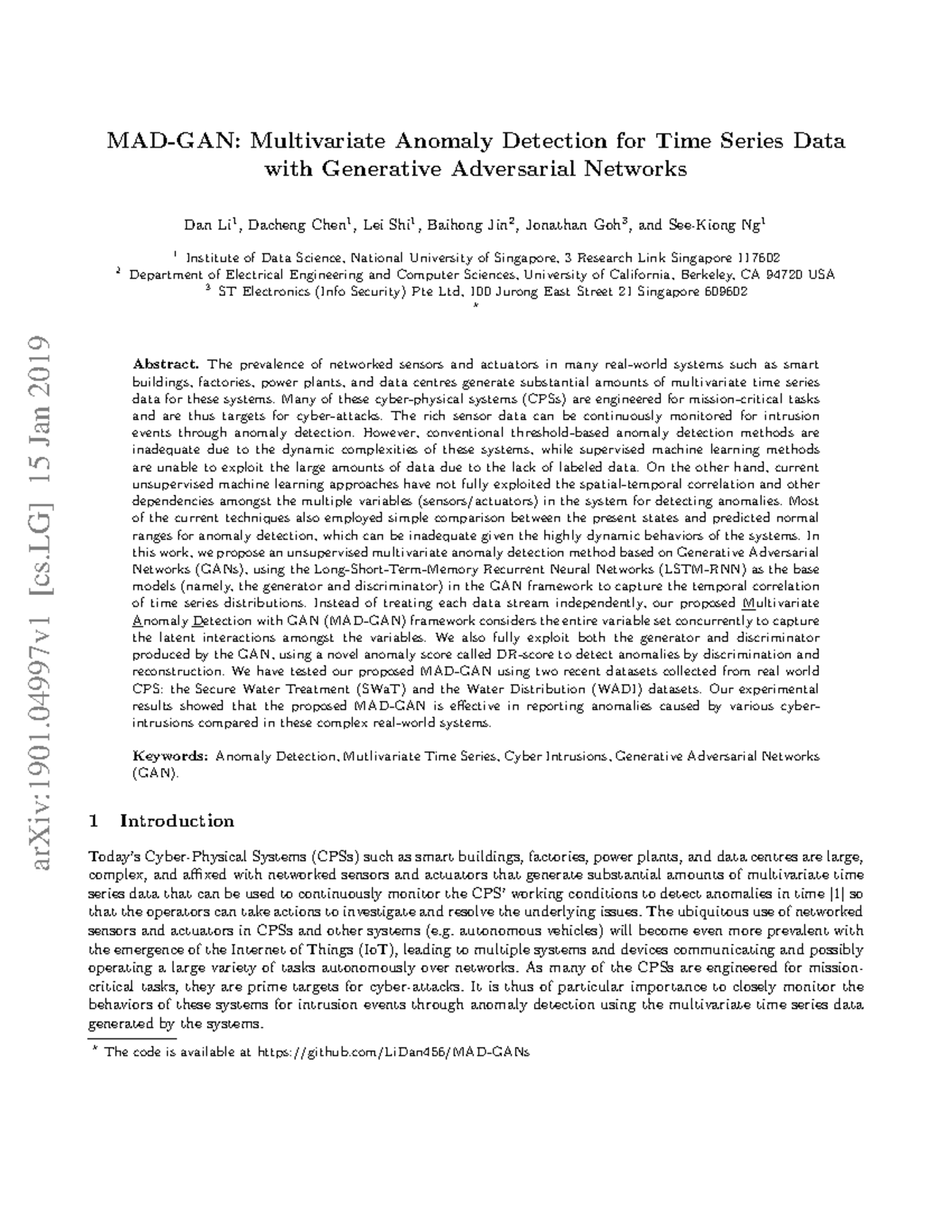 MADGAN: Unsupervised Multivariate Anomaly Detection in Time Series Data ...